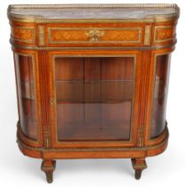 A fine quality French walnut and marquetry inlaid vitrine cabinet, circa 1900, the marble top having
