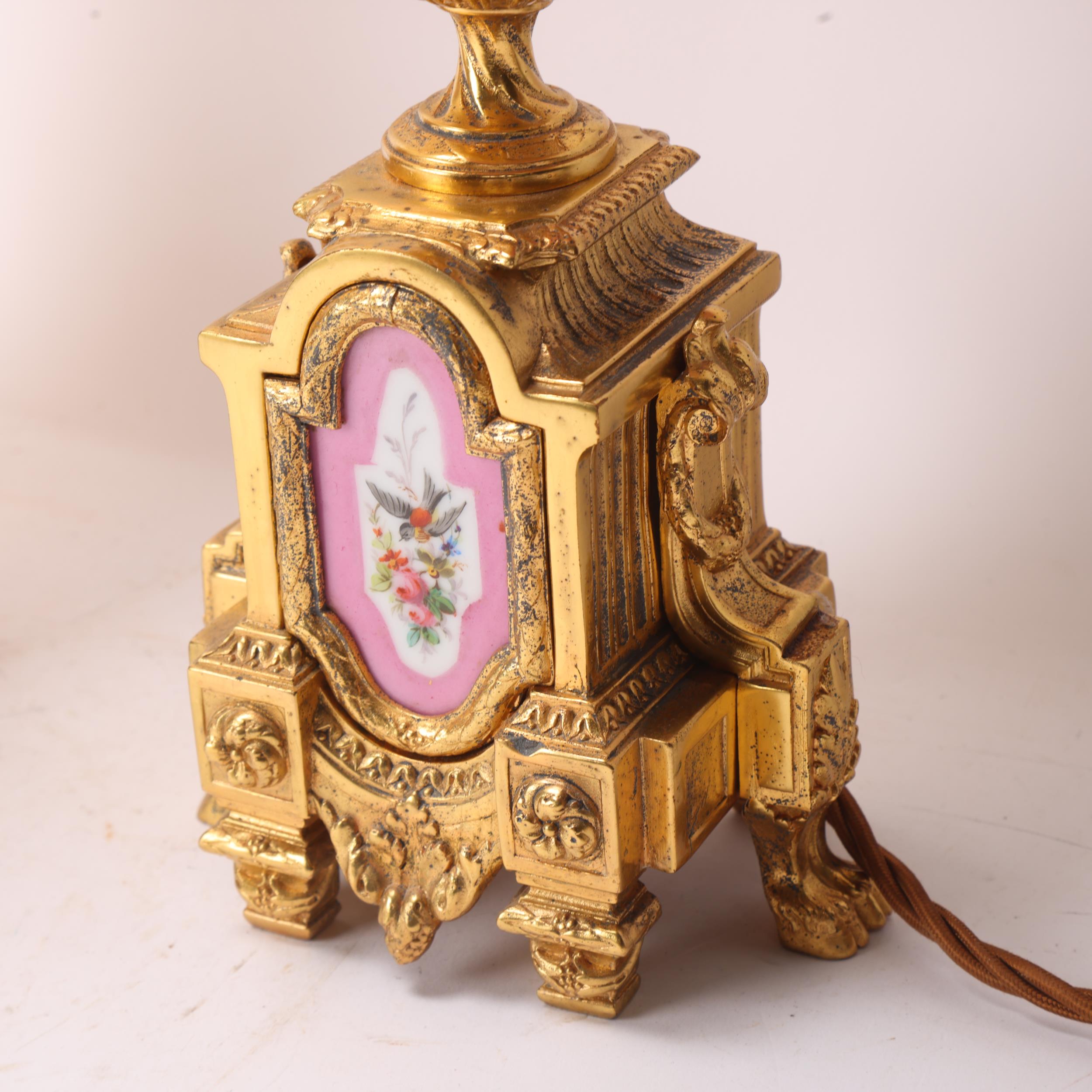 Pair of French ormolu and porcelain table lamps, circa 1900, with hand painted panels depicting - Image 2 of 3