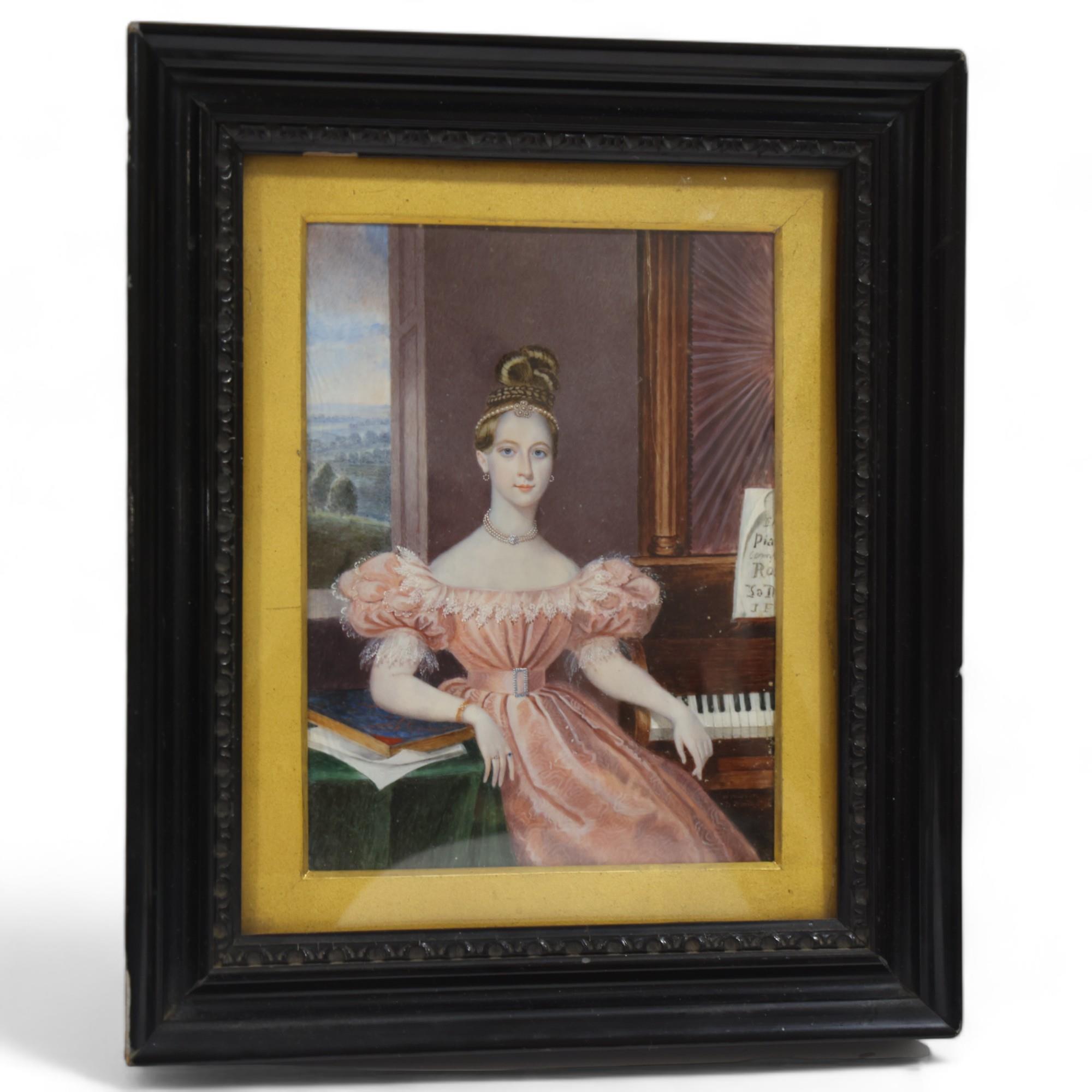 William Hudson, portrait of a young woman seated at a piano, miniature watercolour on ivorine,