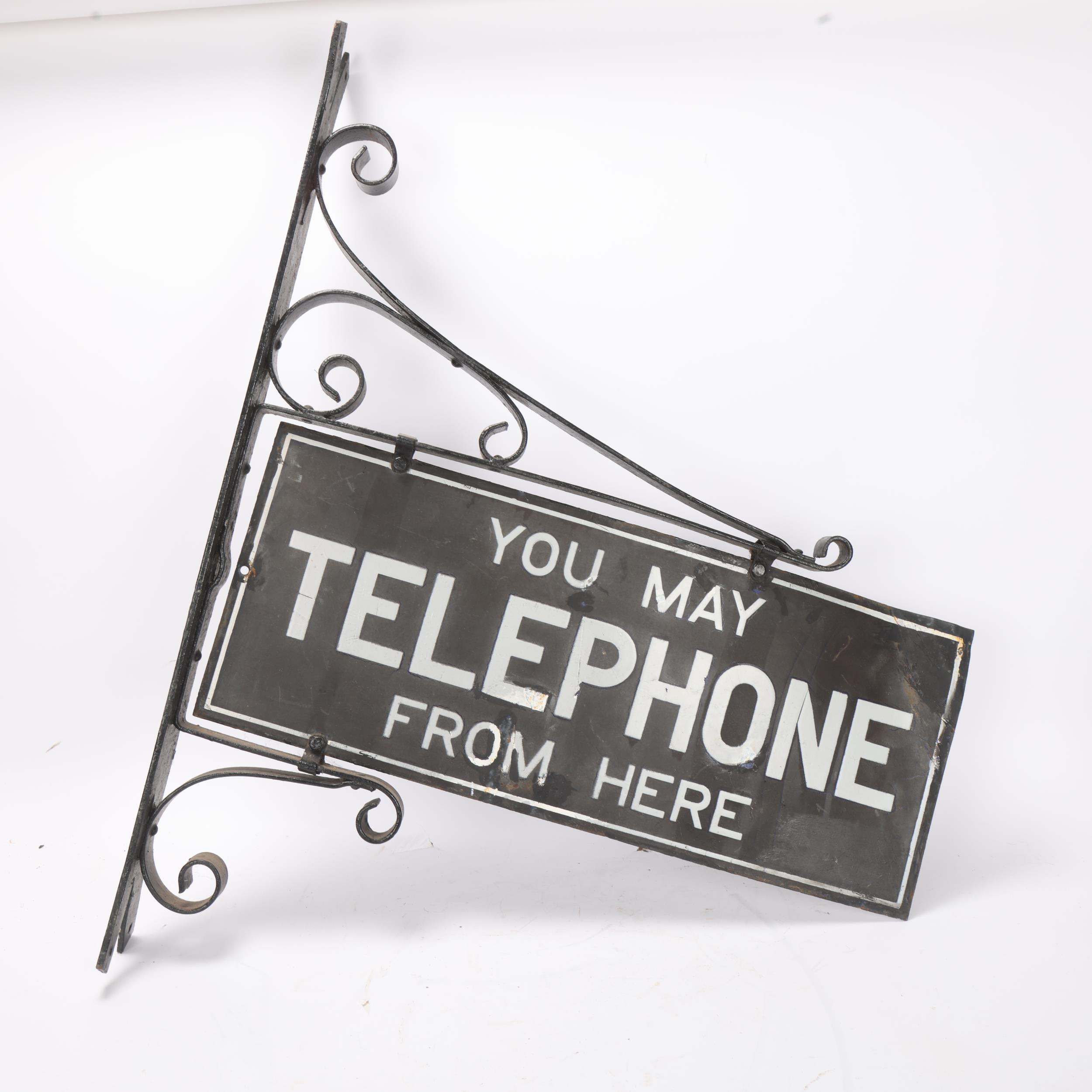 A Vintage enamel sign "You May Telephone From Here", double-sided in wrought-iron wall mounted - Bild 3 aus 3