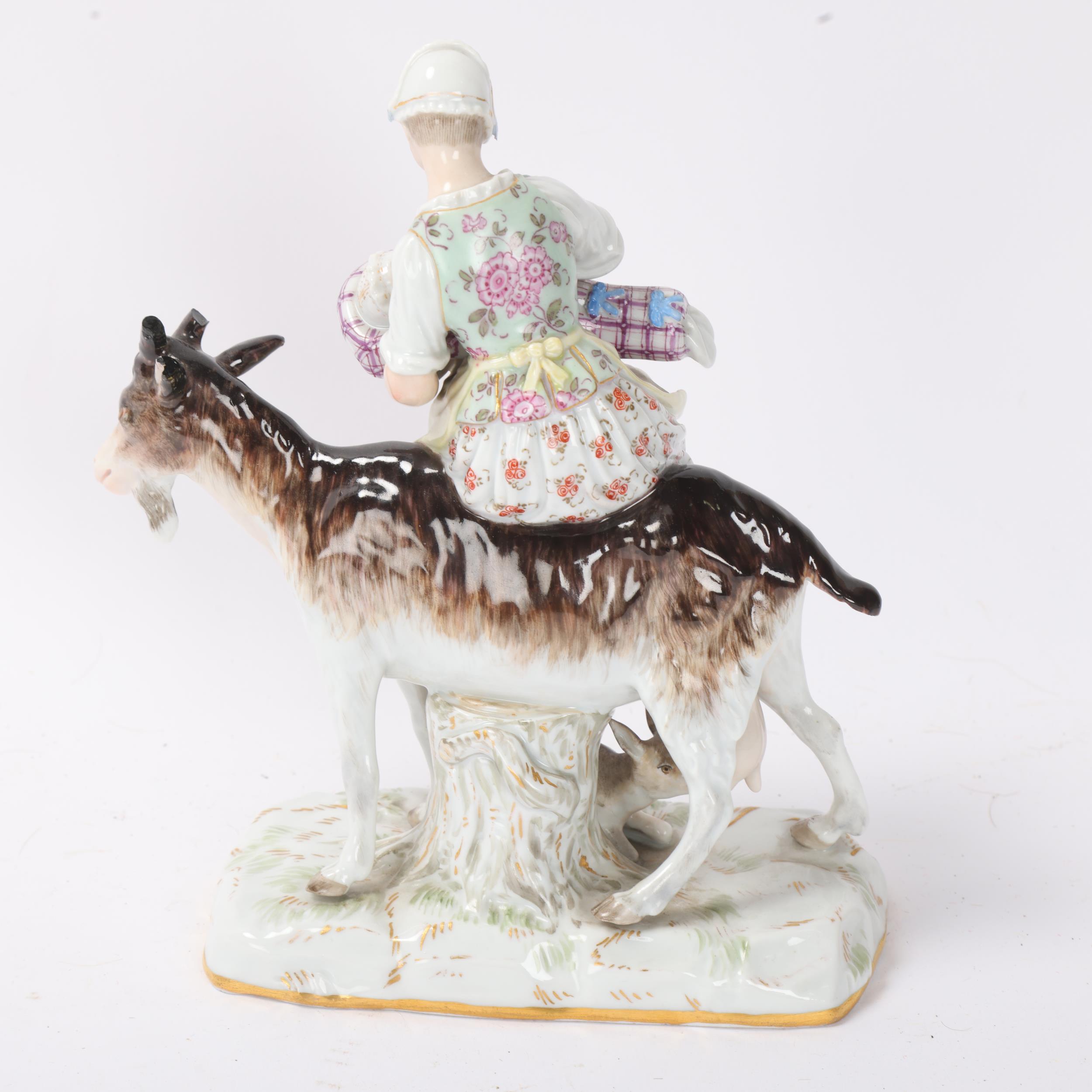 19th century Meissen porcelain figure of woman and infant on a goat, height 17cm - Image 2 of 3