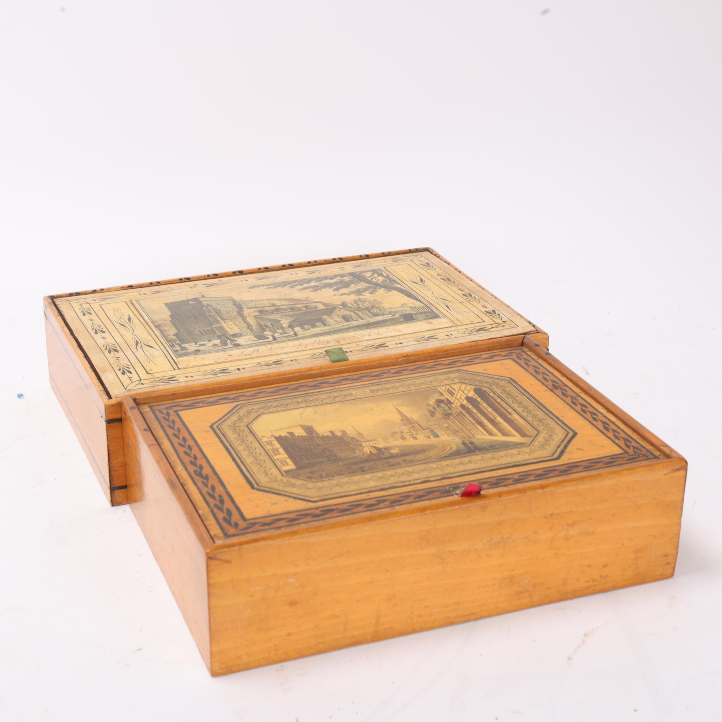 2 Georgian Whitewood boxes, 1 depicting a view in Oxford showing All Souls, Queen College and - Image 2 of 3