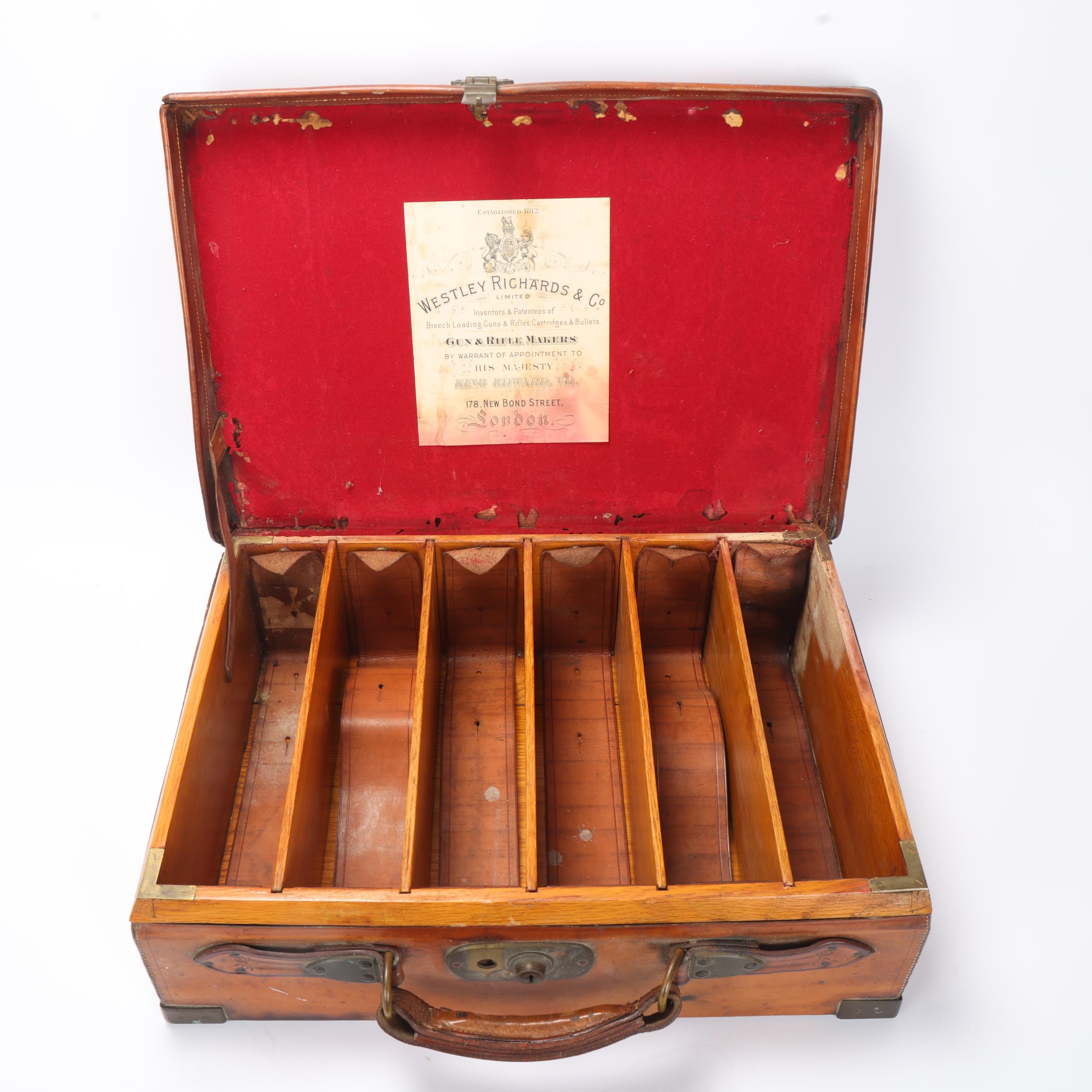 Edward VII brass and leather-bound shotgun cartridge case, by Westley Richards & Co New Bond Street, - Image 2 of 3