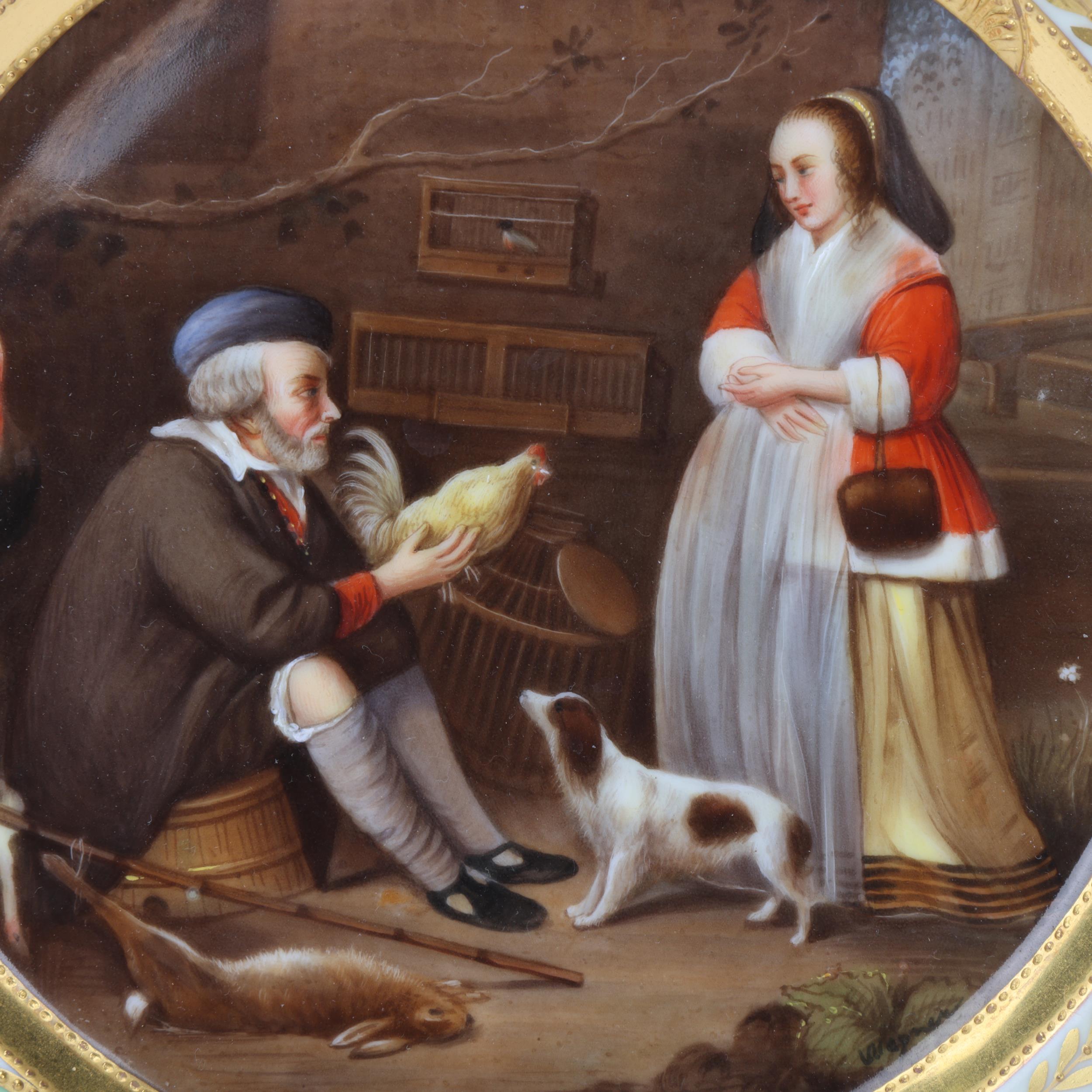 A Vienna porcelain plate depicting a bird handler, gilded border, diameter 25.5cm Perfect condition - Image 2 of 3