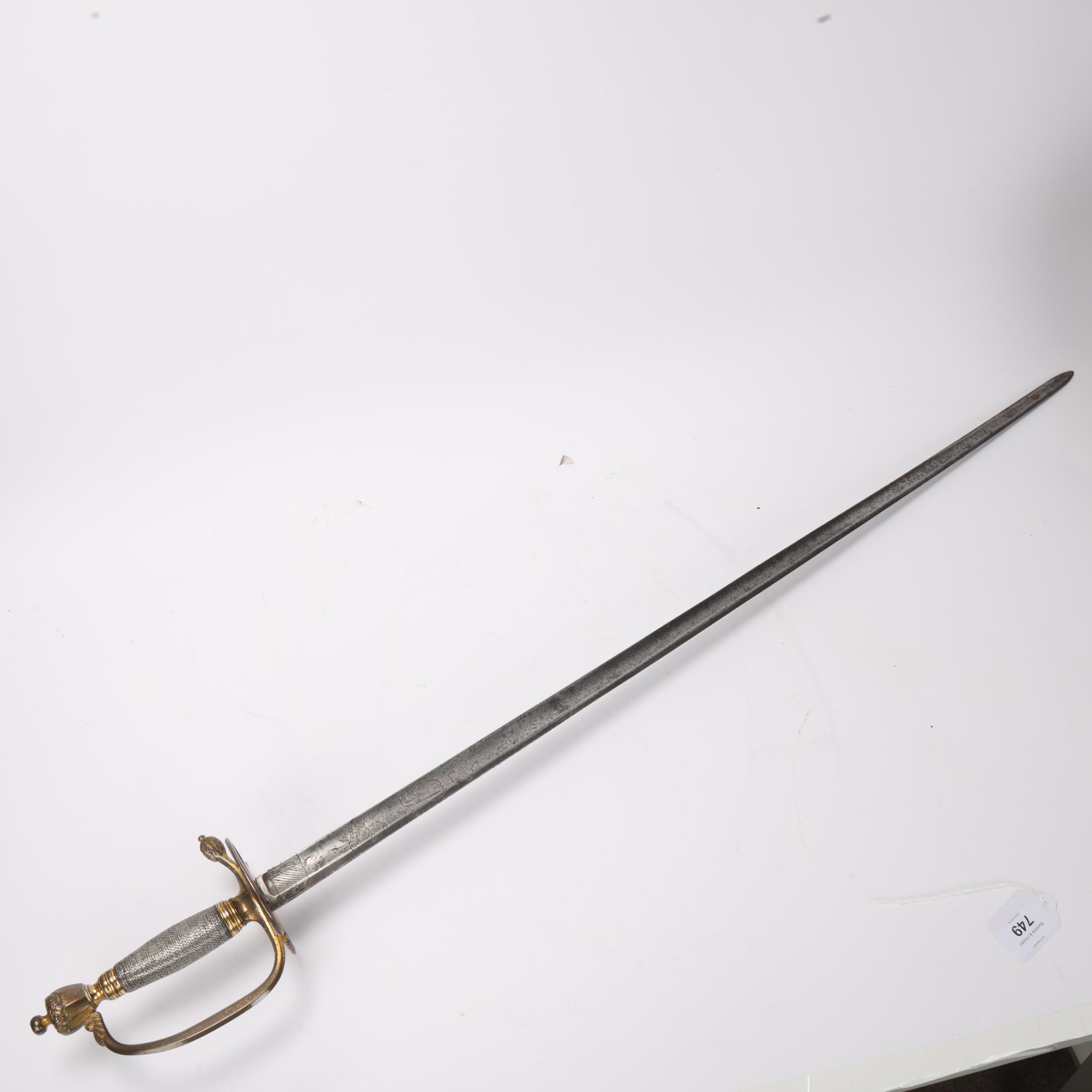 A Georgian sword with silver-bound gilt-brass hilt, folding guard and engraved blade with GR cipher, - Image 2 of 3