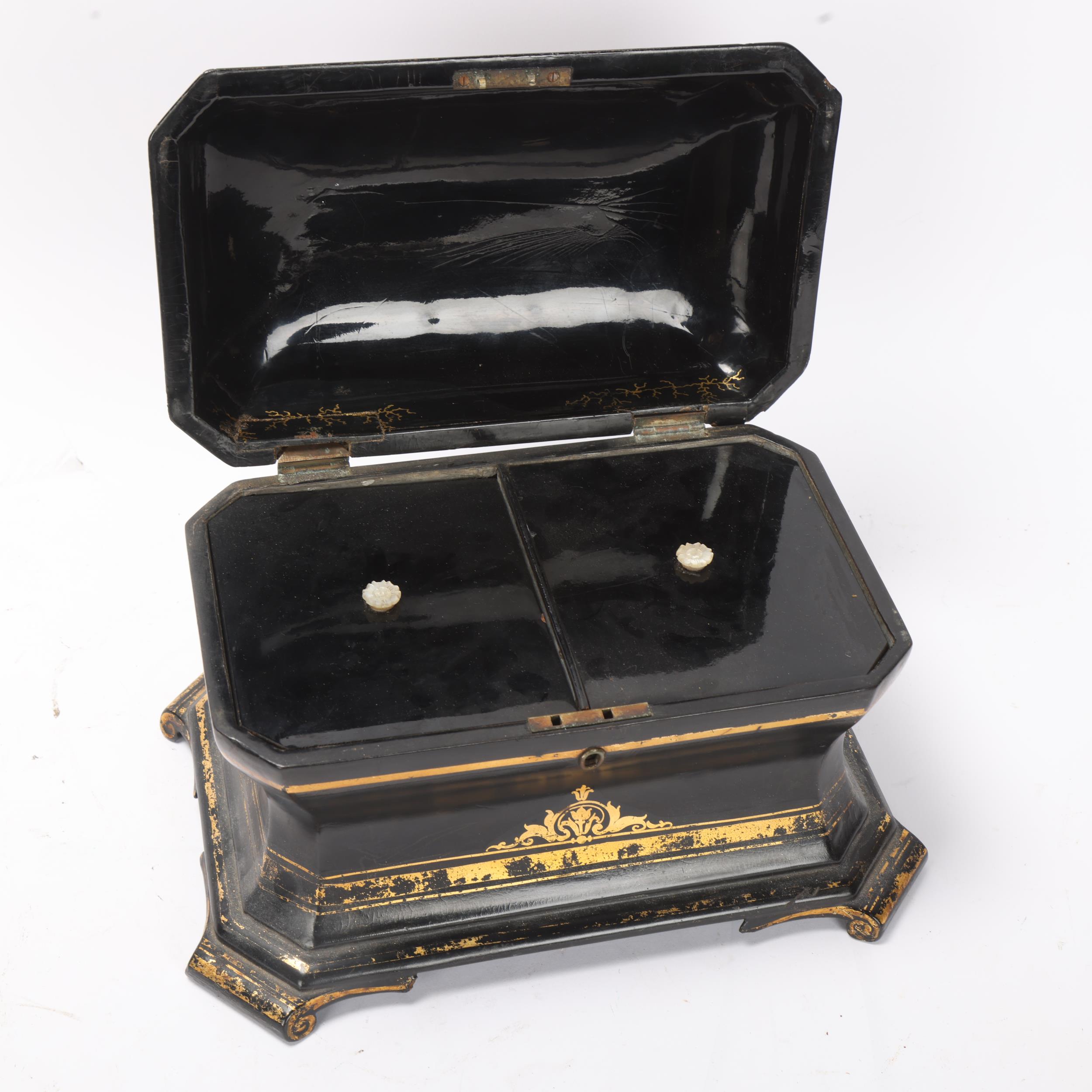 A Victorian gilded papier mache sarcophagus-shaped tea caddy, with inner lids There is an old repair - Image 2 of 3