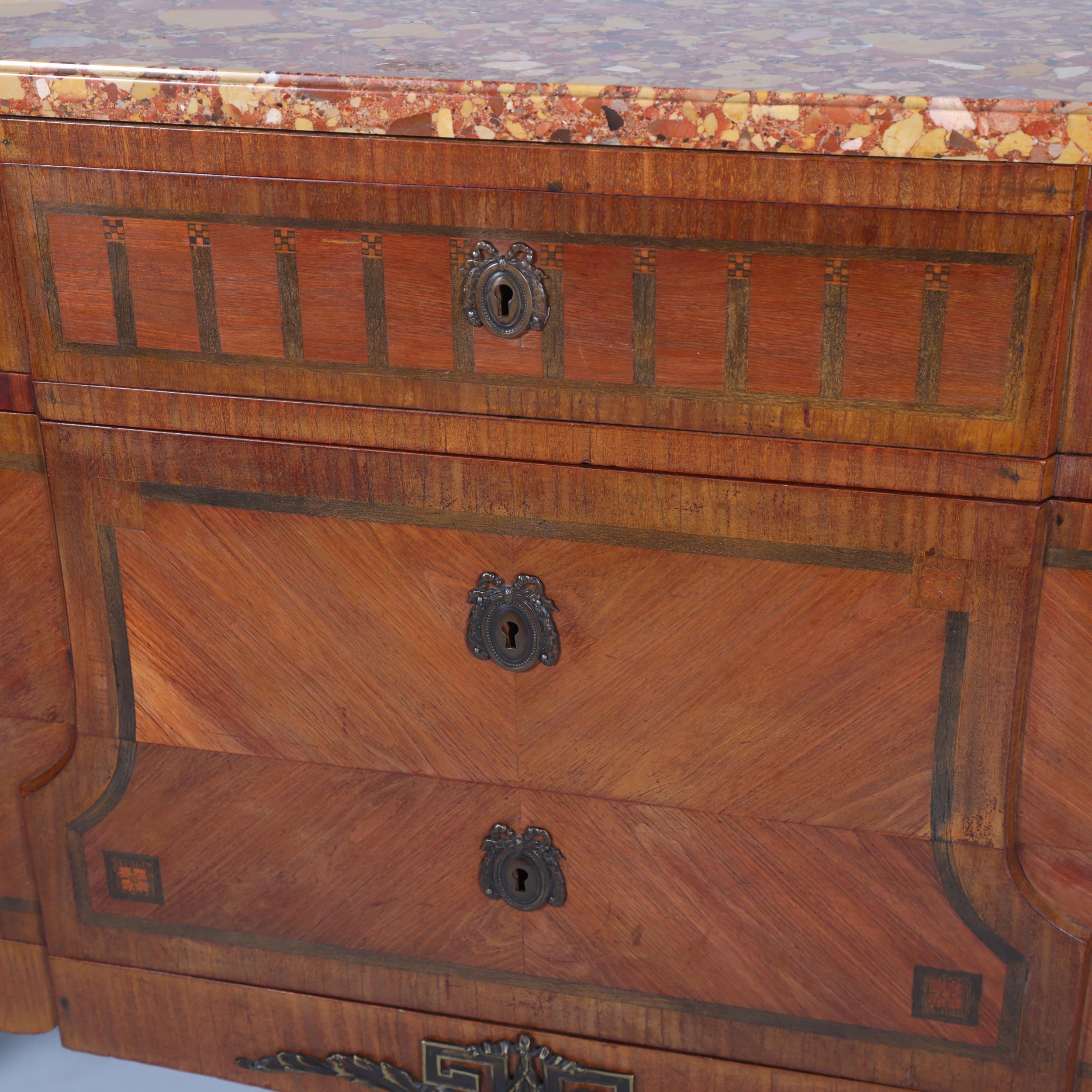 A French marble-topped 3-drawer commode, with inlaid drawer fronts, width 121cm Good condition - Image 2 of 8