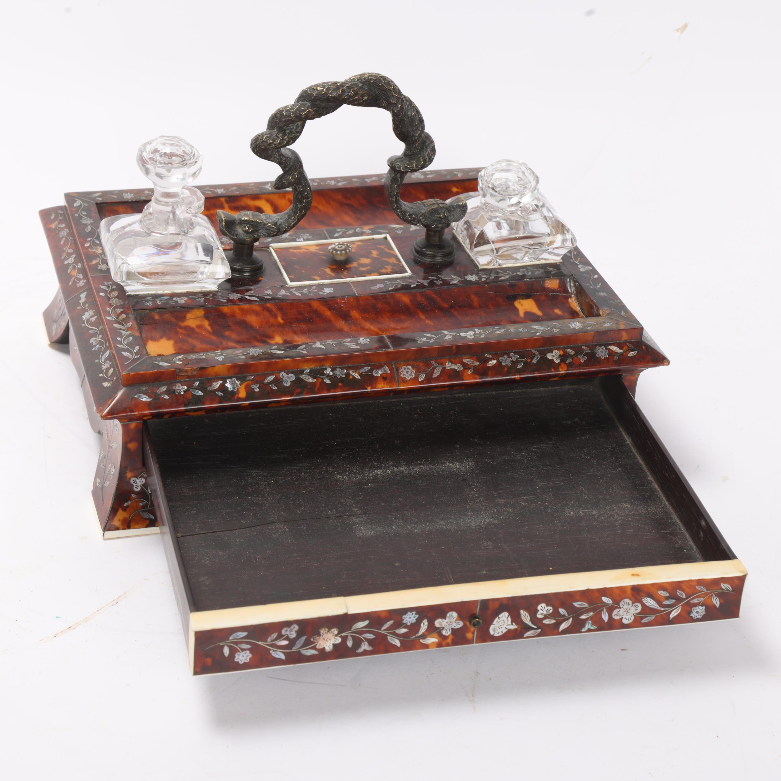 A Victorian tortoiseshell desk stand, with bronze serpent handle, inlaid mother-of-pearl and - Image 3 of 3