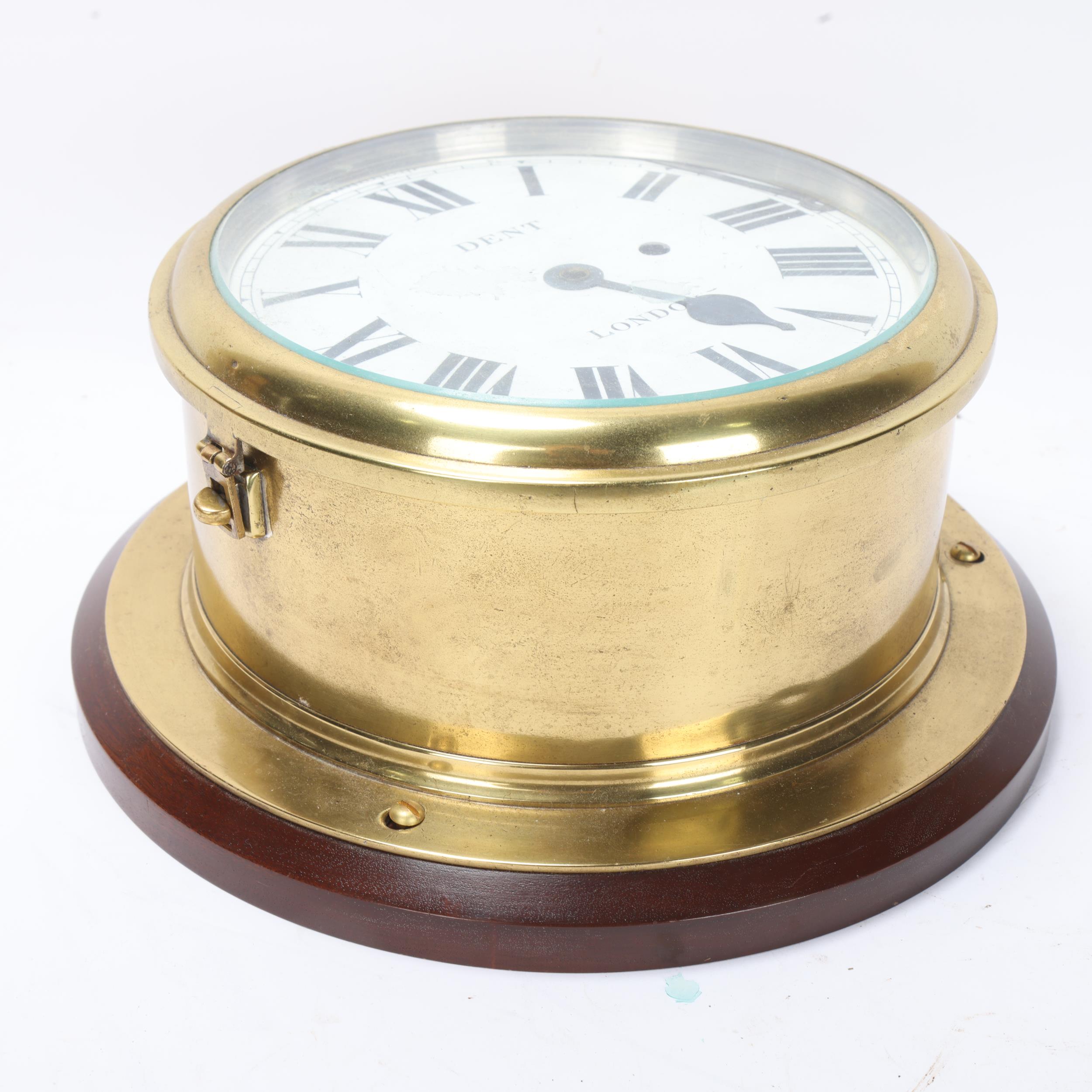 A large brass-cased ship's dial wall clock, by Dent of London, enamel dial on mahogany mount, - Image 2 of 3