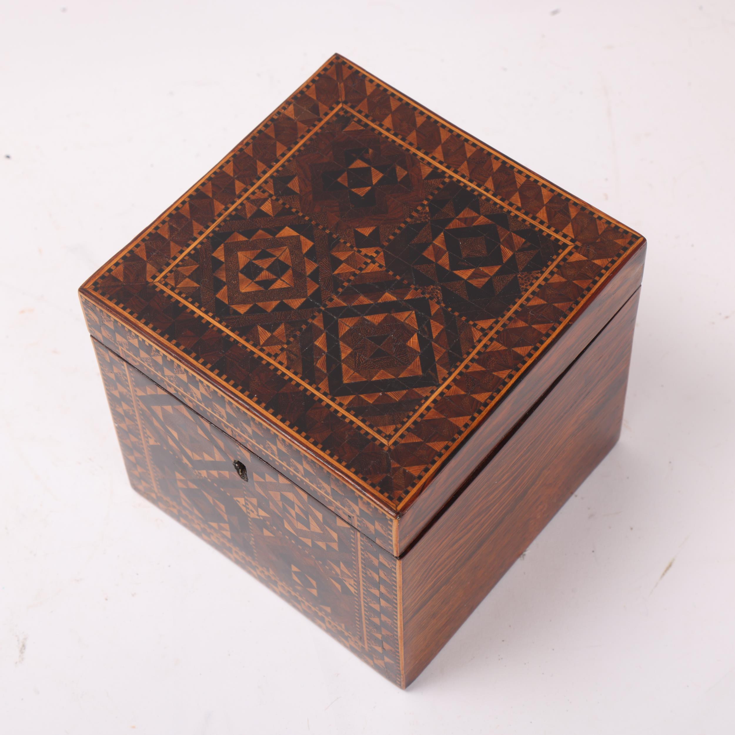 Early 19th century Tunbridge Ware tea caddy, circa 1840, with cube parquetry inlay and inner lid, - Image 3 of 3