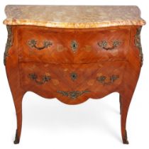 A French marble-topped 3-drawer commode, with inlaid drawer fronts, width 87cm Good condition