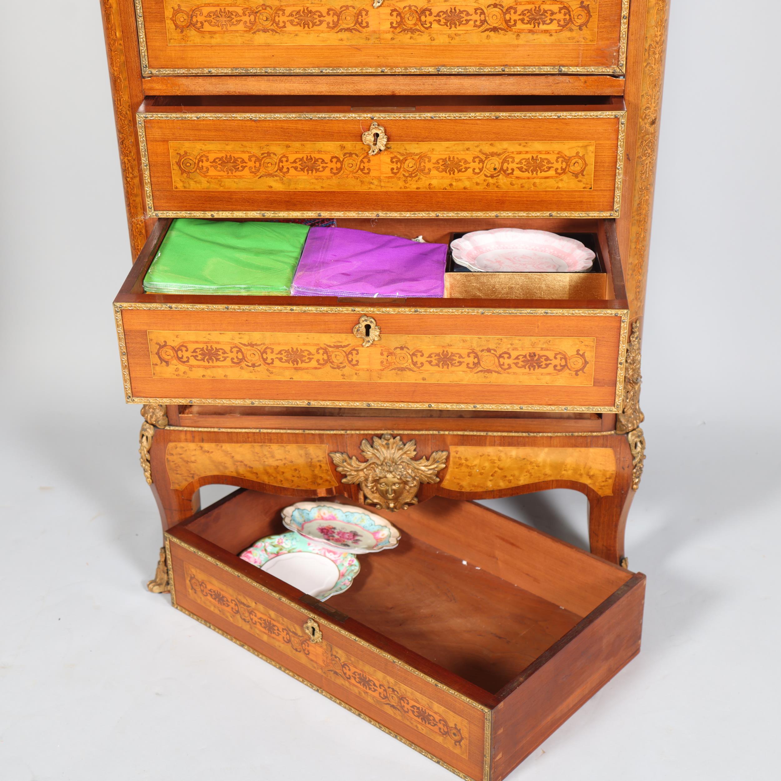 An ornate French mahogany and marquetry inlaid writing cabinet, circa 1900, brass galleried top with - Image 7 of 7