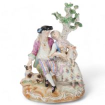 19th century Meissen porcelain group, depicting a couple under a tree, height 25cm Generally in good
