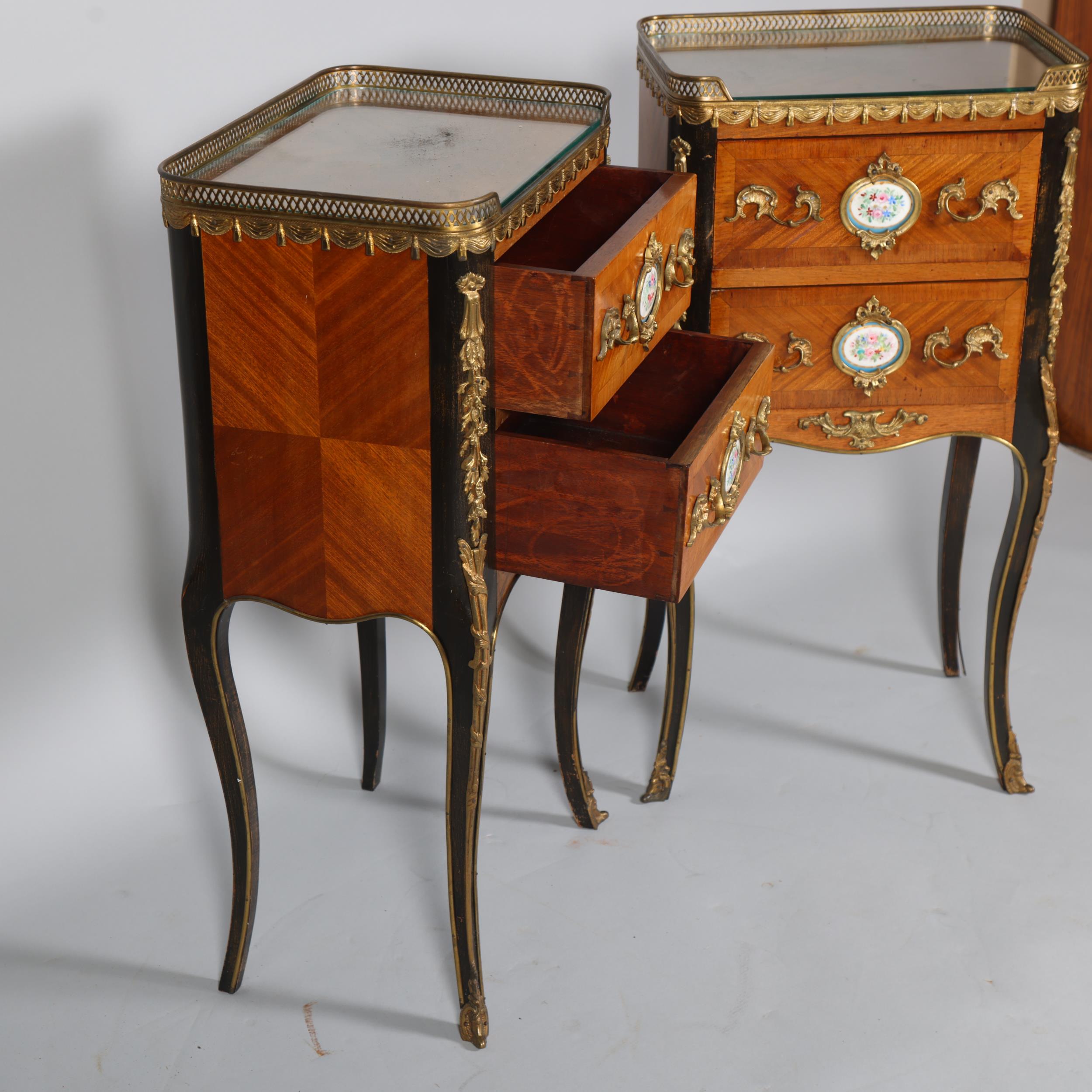 A pair of French walnut 2-drawer bedside chests, inset porcelain plaques to the drawer fronts, brass - Image 5 of 7