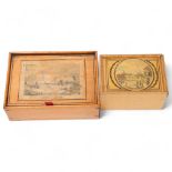 2 Georgian Whitewood boxes with printed lids, 1 depicting Dover Harbour, width 13cm, labelled Squier