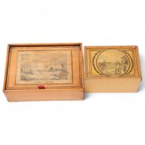 2 Georgian Whitewood boxes with printed lids, 1 depicting Dover Harbour, width 13cm, labelled Squier