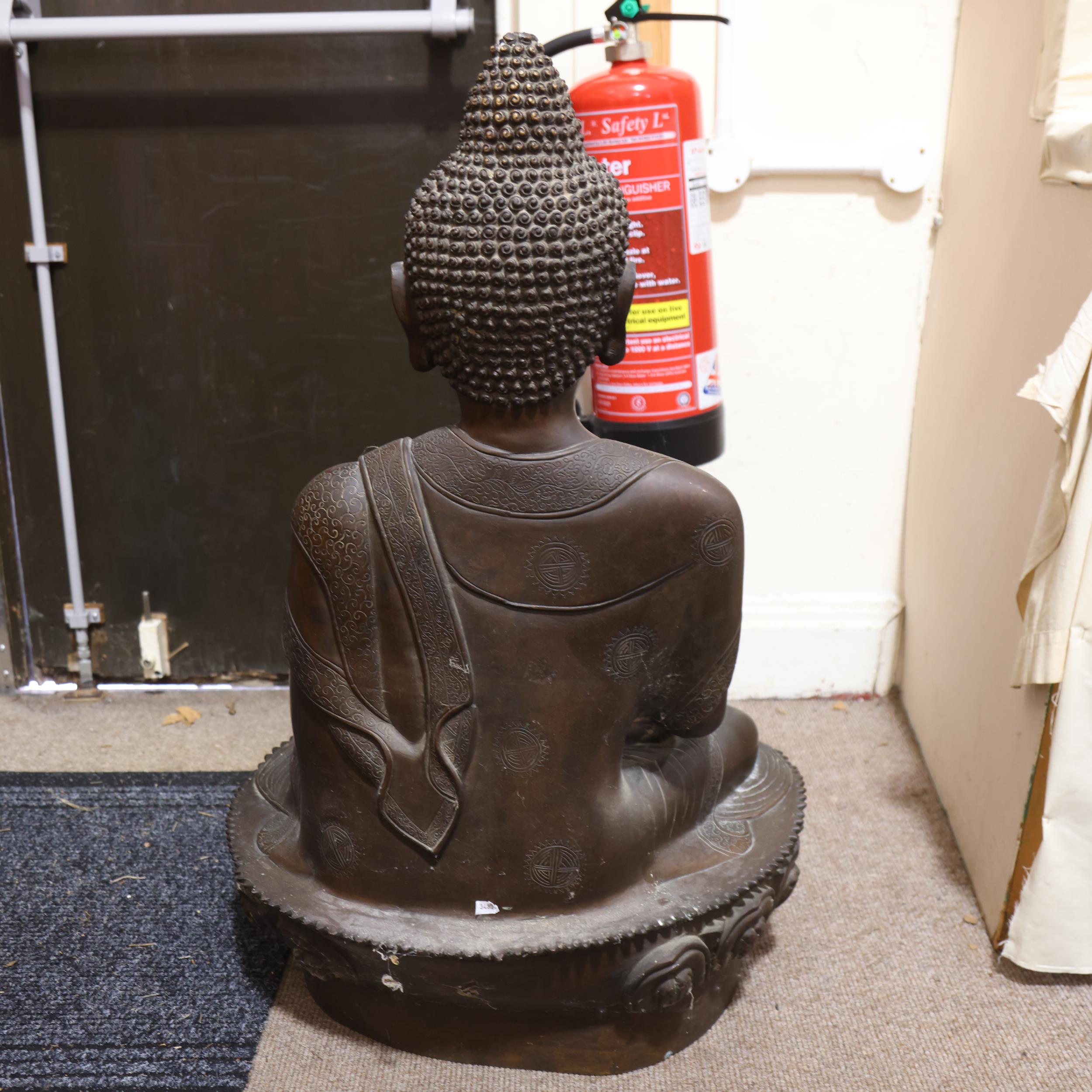 A large Chinese patinated bronze seated Buddha, resting on lotus design base, height 85cm Good - Image 3 of 3