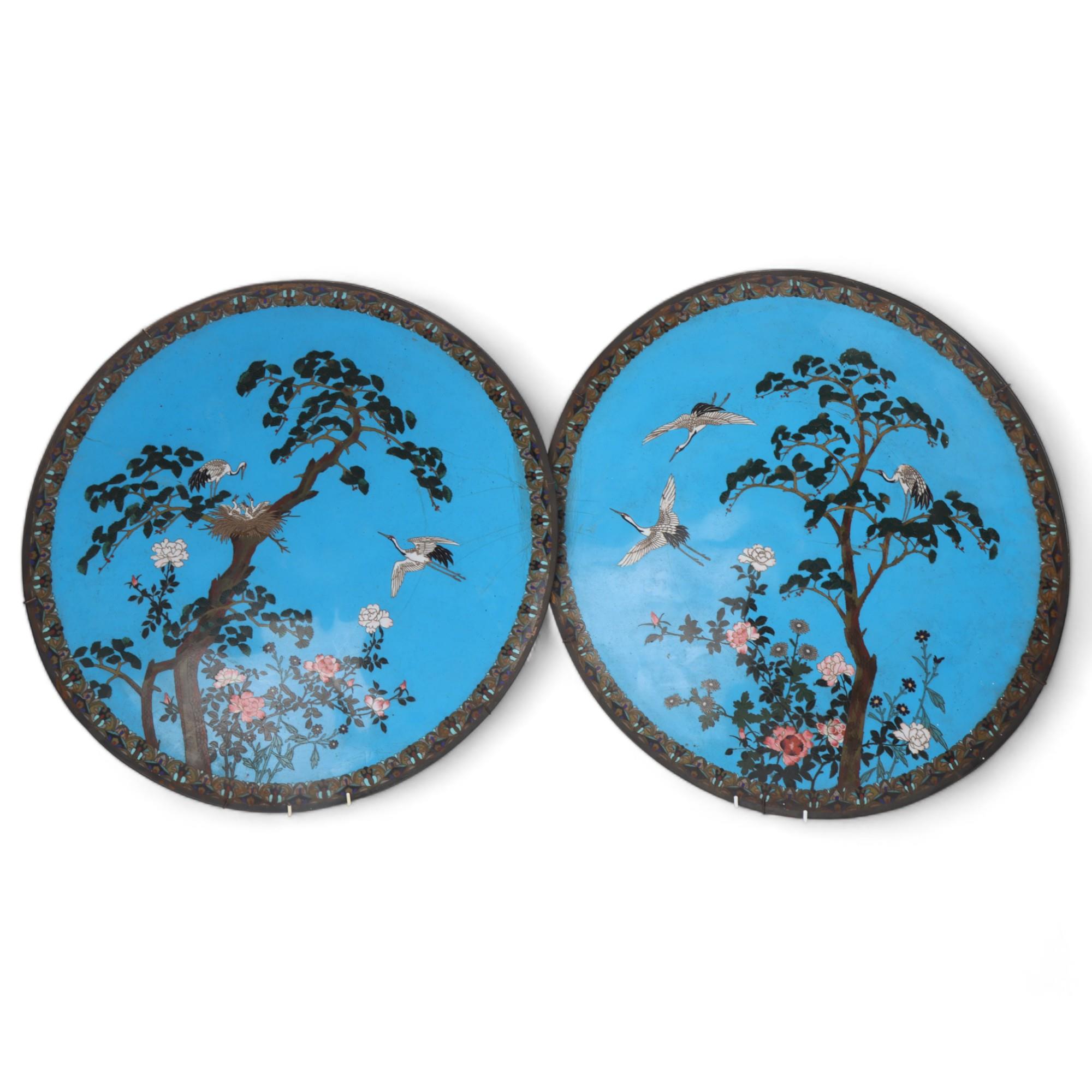 A large pair of Chinese cloisonne enamel wall chargers, decorated with cranes and blossom trees,