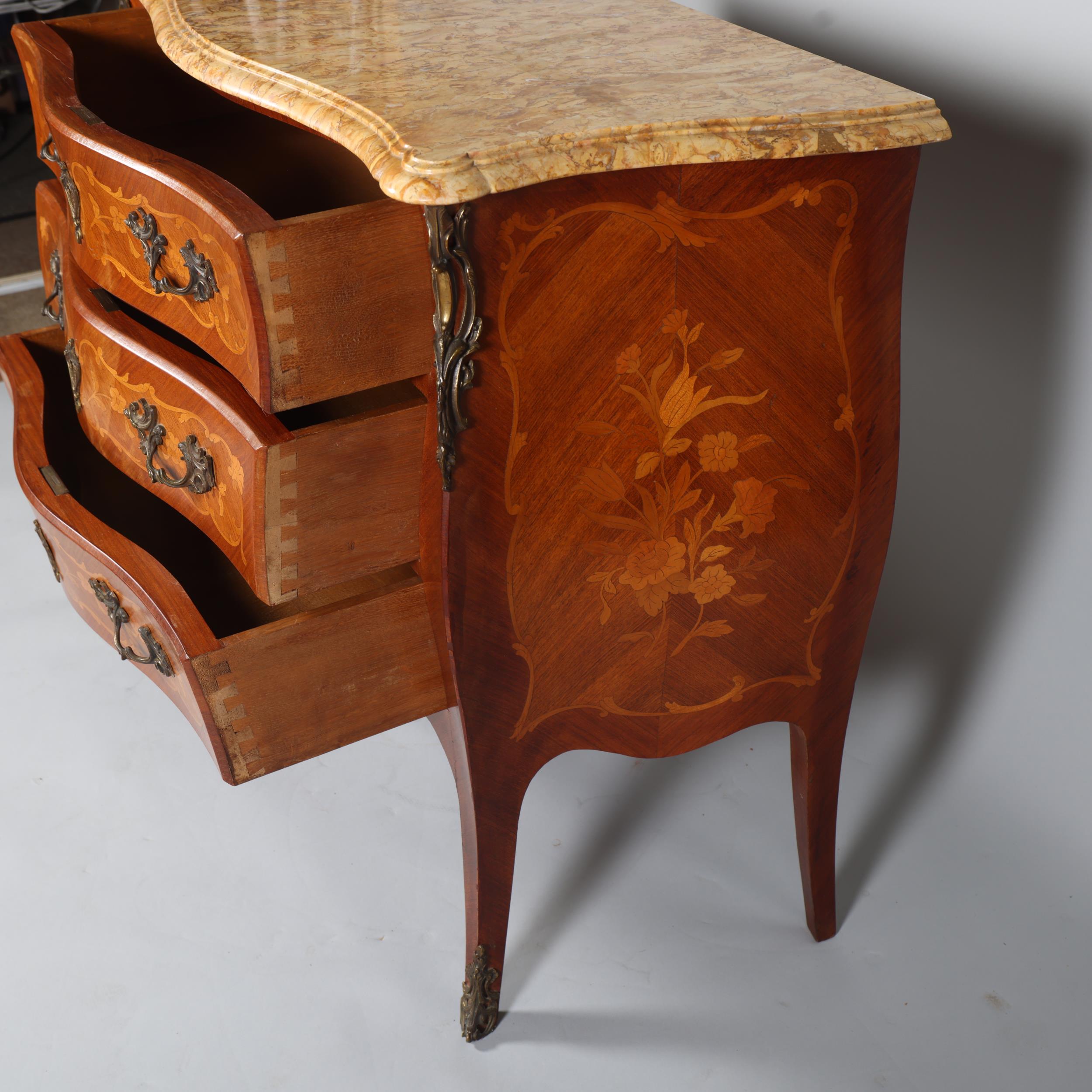 A French marble-topped 3-drawer commode, with inlaid marquetry and ormolu mounts, width 105cm Good - Image 4 of 6