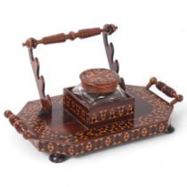 Victorian Tunbridge Ware and rosewood desk stand, with parquetry inlaid banding and glass inkwell,