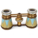 A pair of 19th century French opera glasses, gilt-brass with coloured enamel and mother-of-pearl,