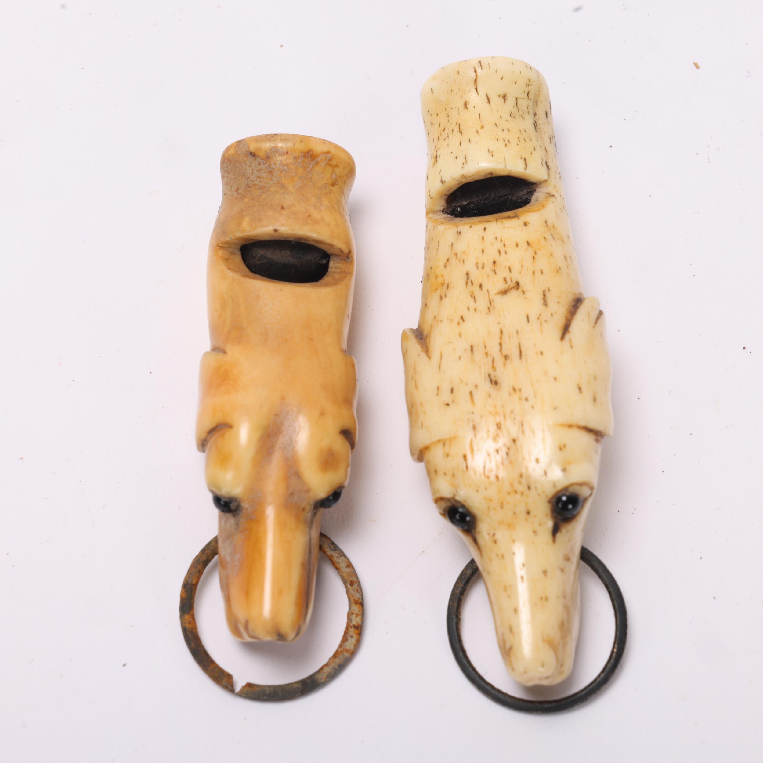 2 x 19th century carved bone dog-head design whistles, largest 7cm (2) Good condition, minor age- - Image 2 of 3