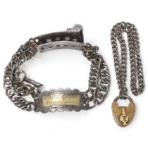 An Antique steel curb link dog collar, with panel engraved James Brook Biddenden, complete with key,