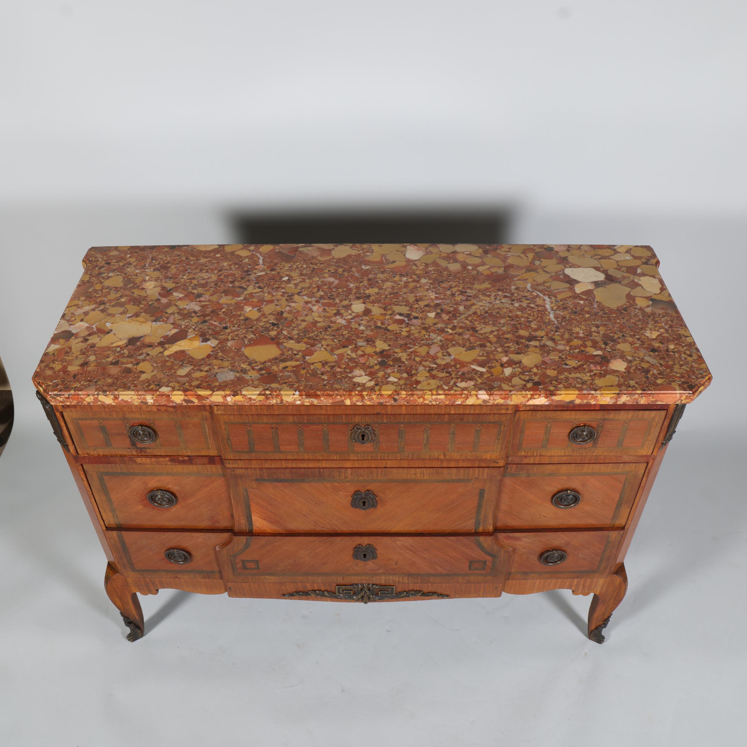A French marble-topped 3-drawer commode, with inlaid drawer fronts, width 121cm Good condition - Image 7 of 8