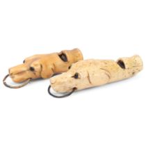 2 x 19th century carved bone dog-head design whistles, largest 7cm (2) Good condition, minor age-