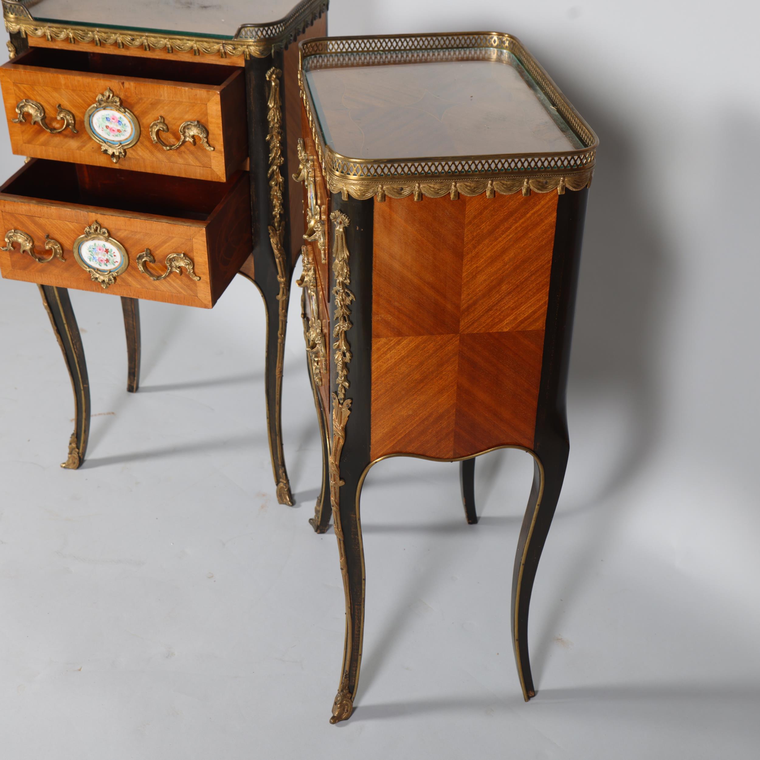 A pair of French walnut 2-drawer bedside chests, inset porcelain plaques to the drawer fronts, brass - Image 6 of 7