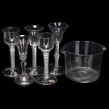 5 Antique cordial glasses, 4 with spiral twist stems, together with a Georgian glass rinser (6)