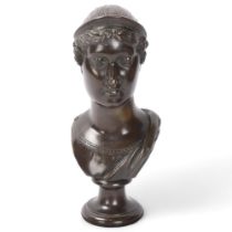 Early 19th century patinated bronze bust of a Greek Goddess, unsigned, on marble base, height 28cm