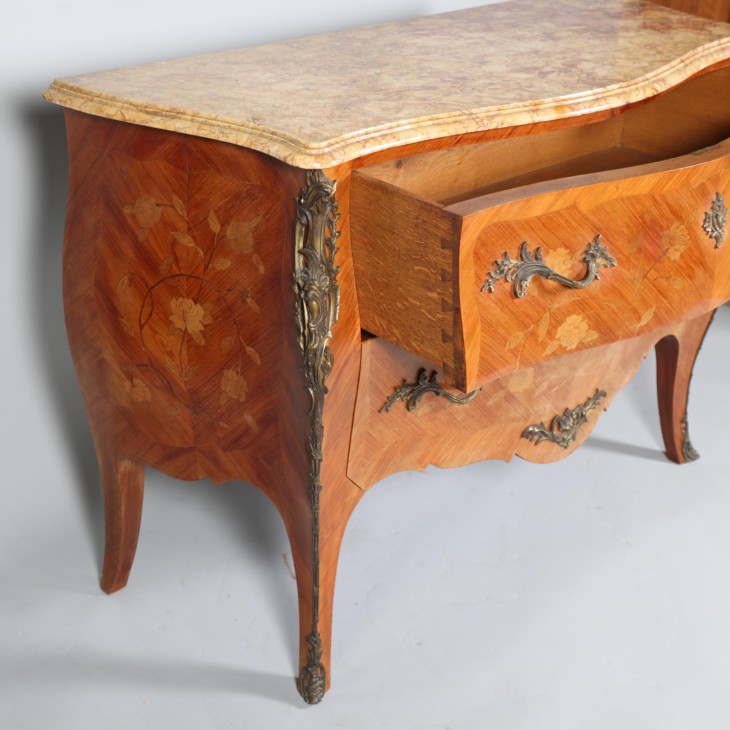 A French marble-topped 2-drawer commode, with inlaid marquetry and ormolu mounts, width 124cm Good - Image 4 of 6