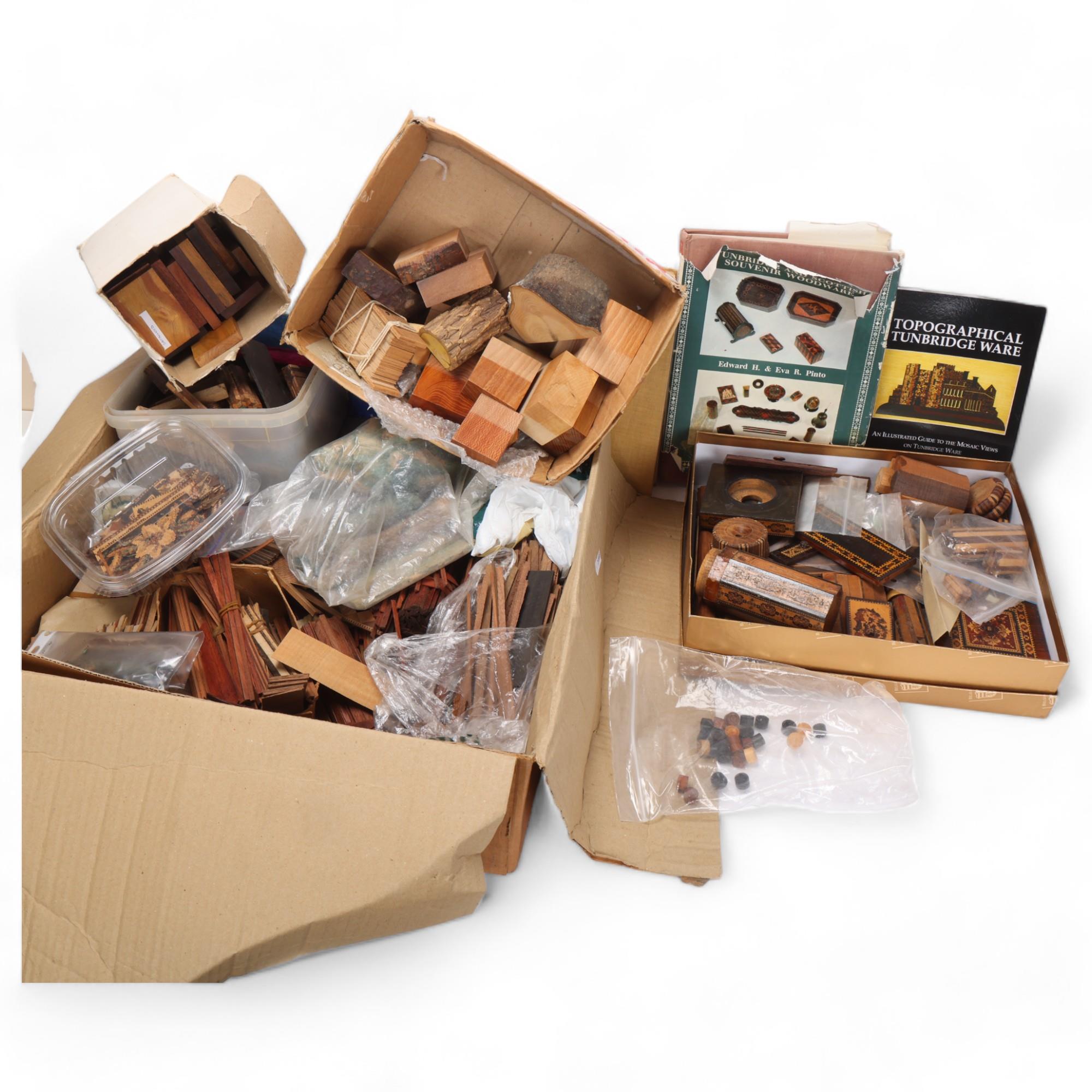 A large collection of Tunbridge Ware spare parts, including unused blocks, slices and veneers for