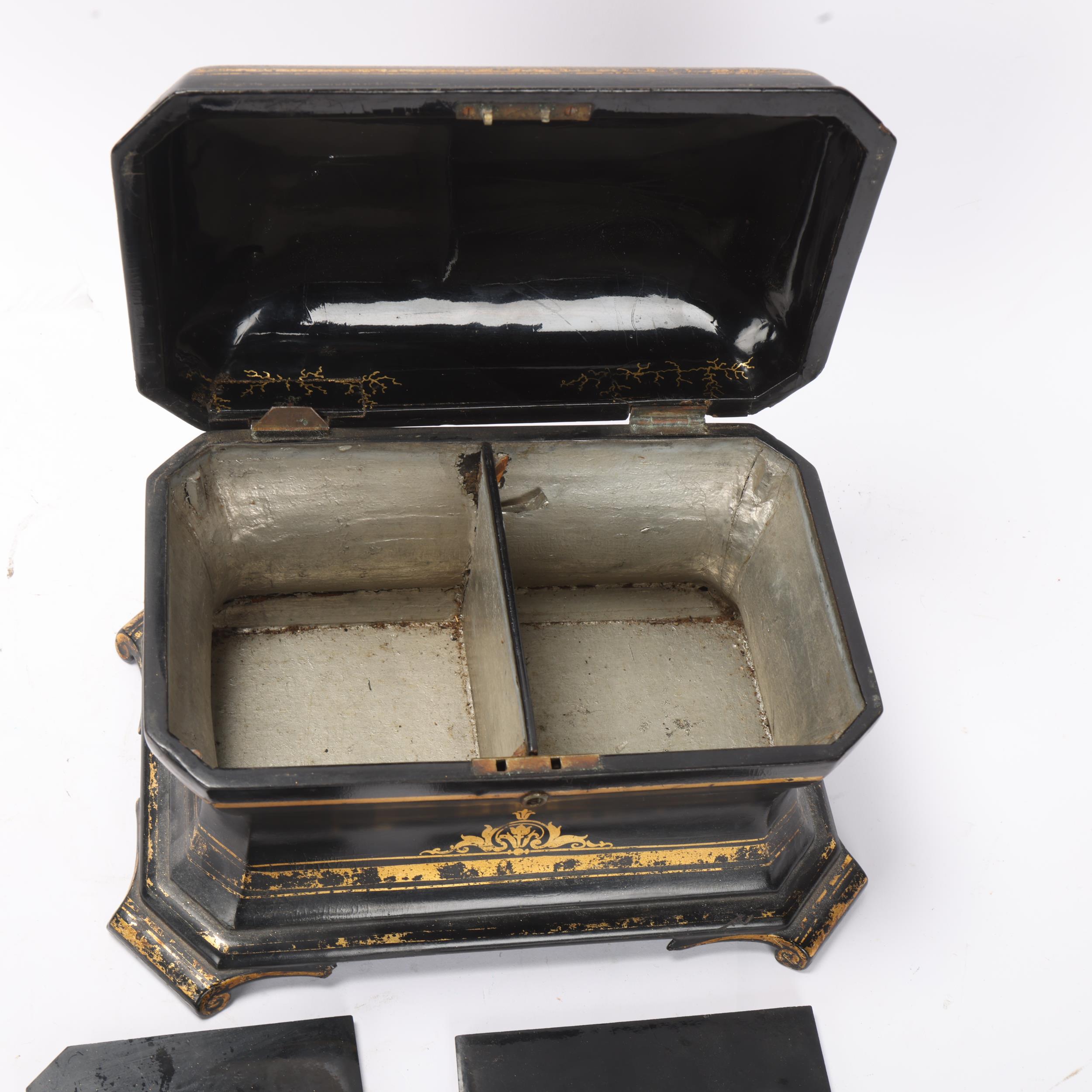 A Victorian gilded papier mache sarcophagus-shaped tea caddy, with inner lids There is an old repair - Image 3 of 3