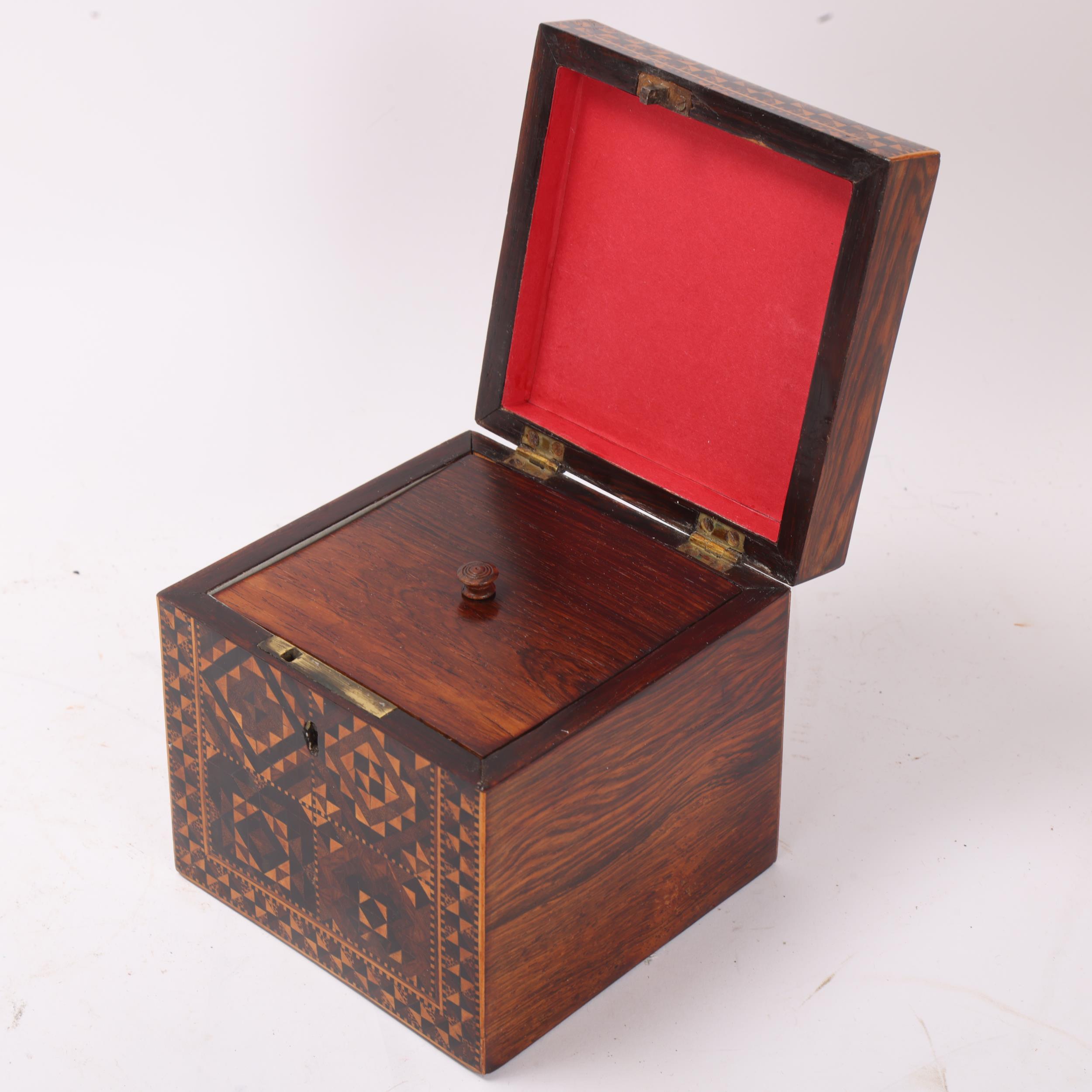 Early 19th century Tunbridge Ware tea caddy, circa 1840, with cube parquetry inlay and inner lid, - Image 2 of 3