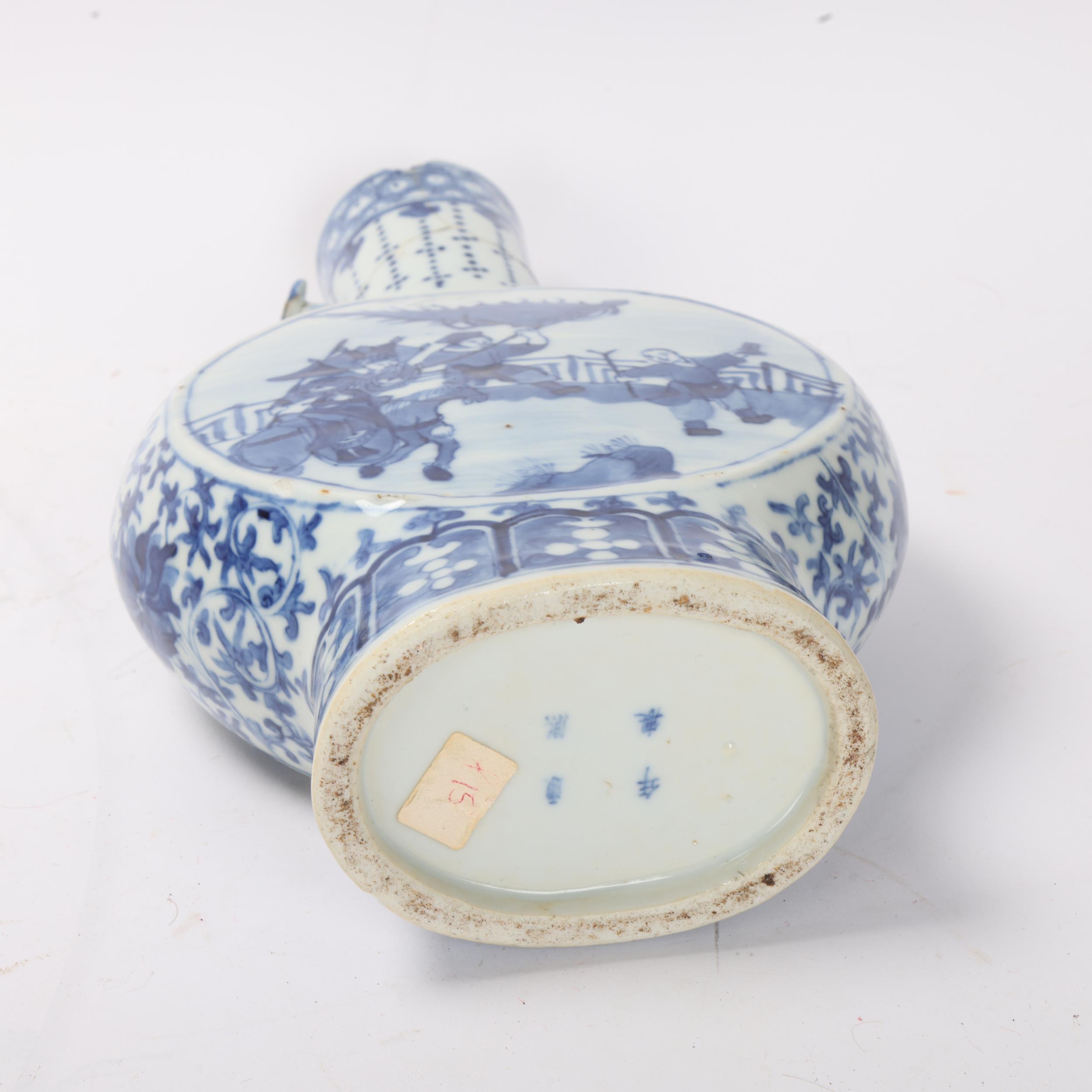 A Chinese blue and white porcelain moon-shaped vase, with sceptre neck handles and painted panels, - Image 3 of 3