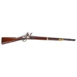 An antique flintlock rifle, with brass bound barrel, makers stamp to barrel, stock marks AM and