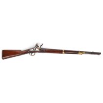 An antique flintlock rifle, with brass bound barrel, makers stamp to barrel, stock marks AM and