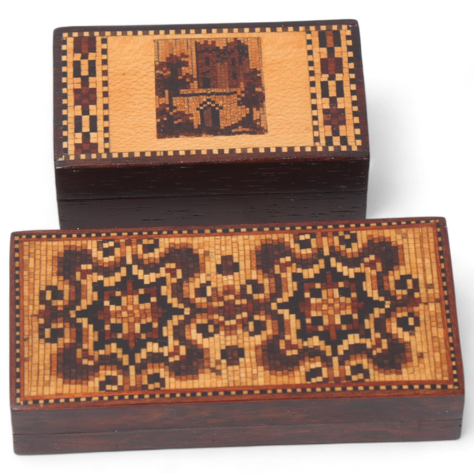 Victorian Tunbridge Ware puzzle box, circa 1870, length 7.5cm, and a trinket box, depicting a church