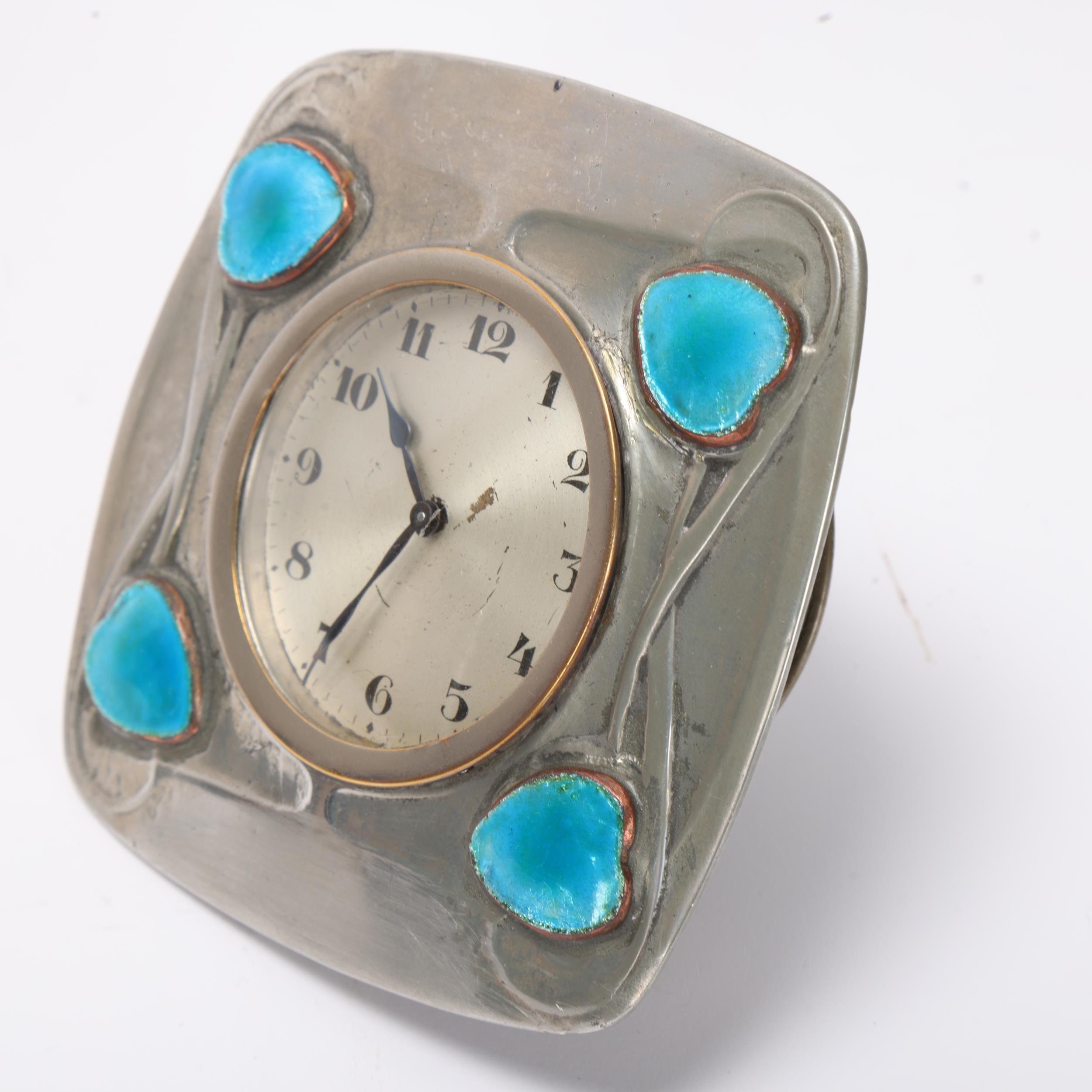 Archibald Knox for Liberty & Co, a Tudric pewter and enamel clock, circa 1902, no. 0482, height 10cm - Image 3 of 3