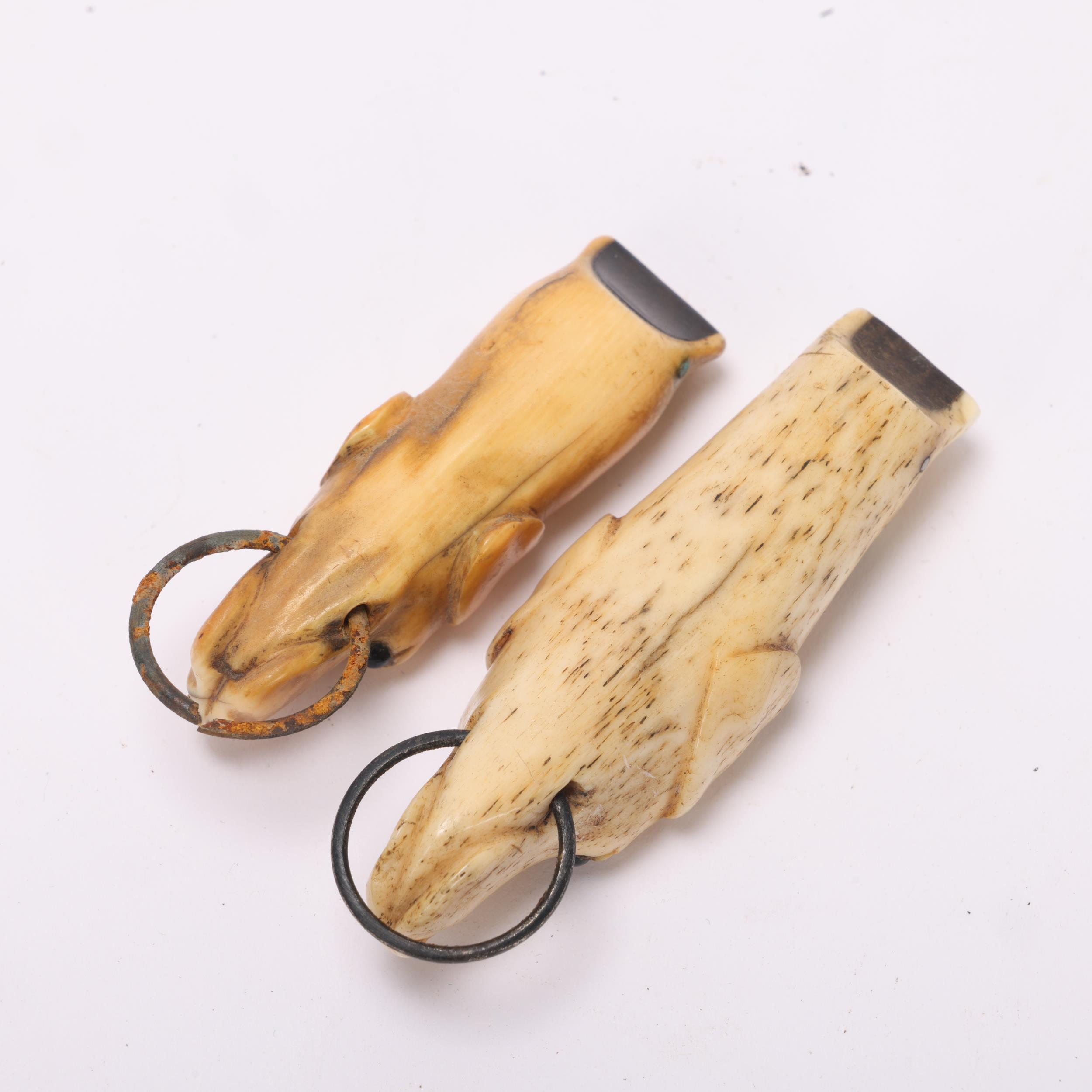 2 x 19th century carved bone dog-head design whistles, largest 7cm (2) Good condition, minor age- - Image 3 of 3