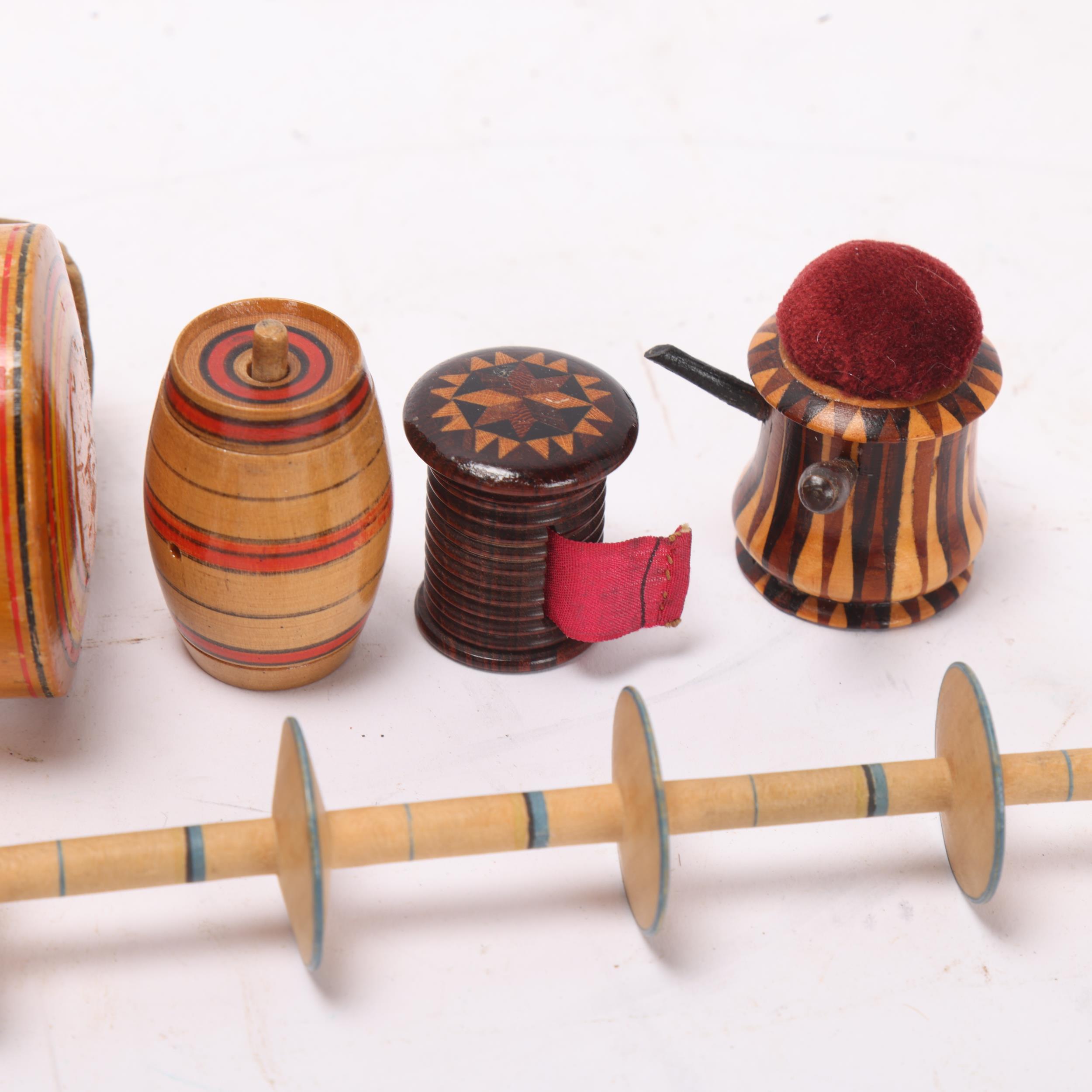 A group of 5 x 19th century Tunbridge Ware and Whitewood items, comprising a Stick Ware pin - Image 2 of 3