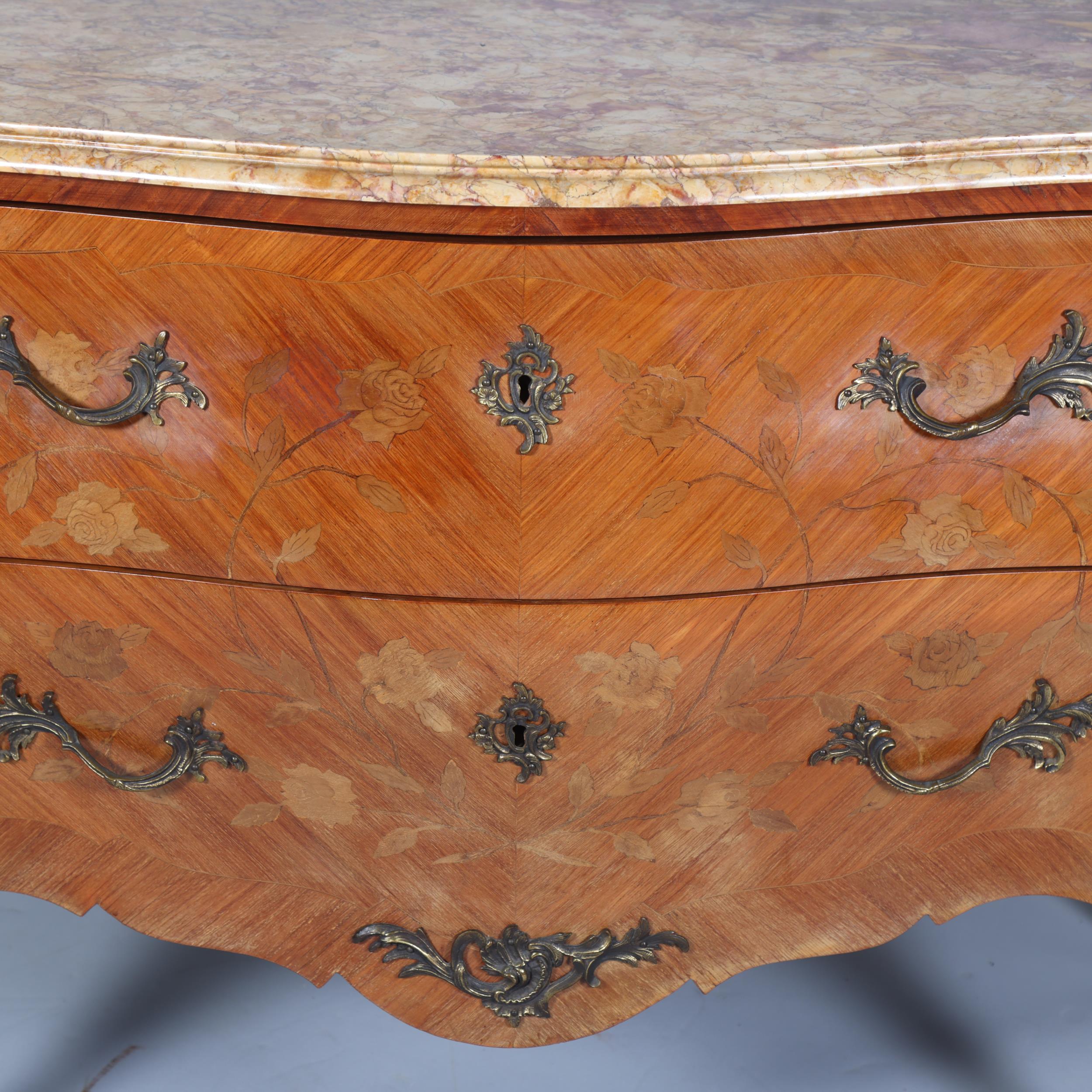 A French marble-topped 2-drawer commode, with inlaid marquetry and ormolu mounts, width 124cm Good - Image 2 of 6