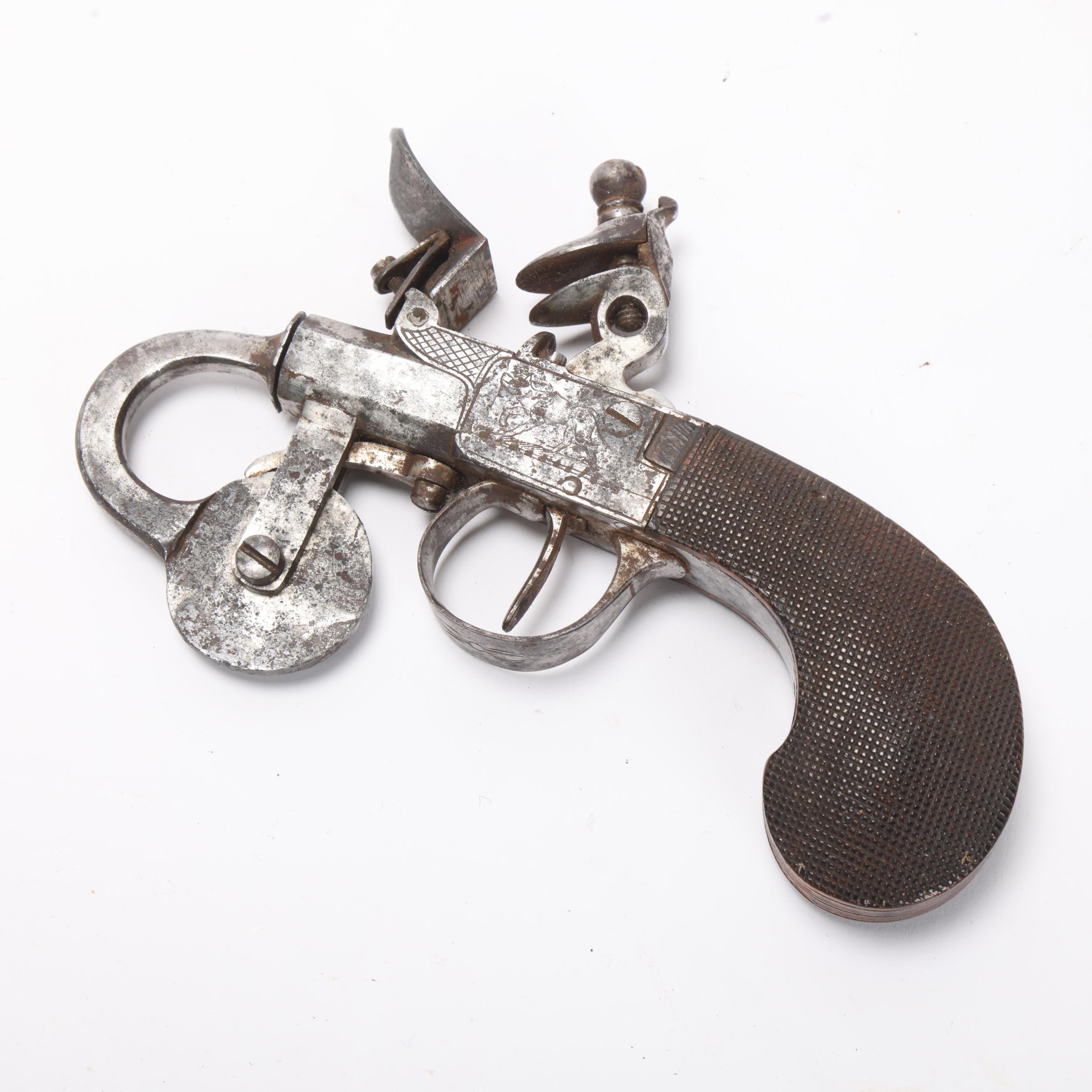 An Antique flintlock powder tester, the lock panels engraved with animals and carved wood handle, - Image 2 of 3