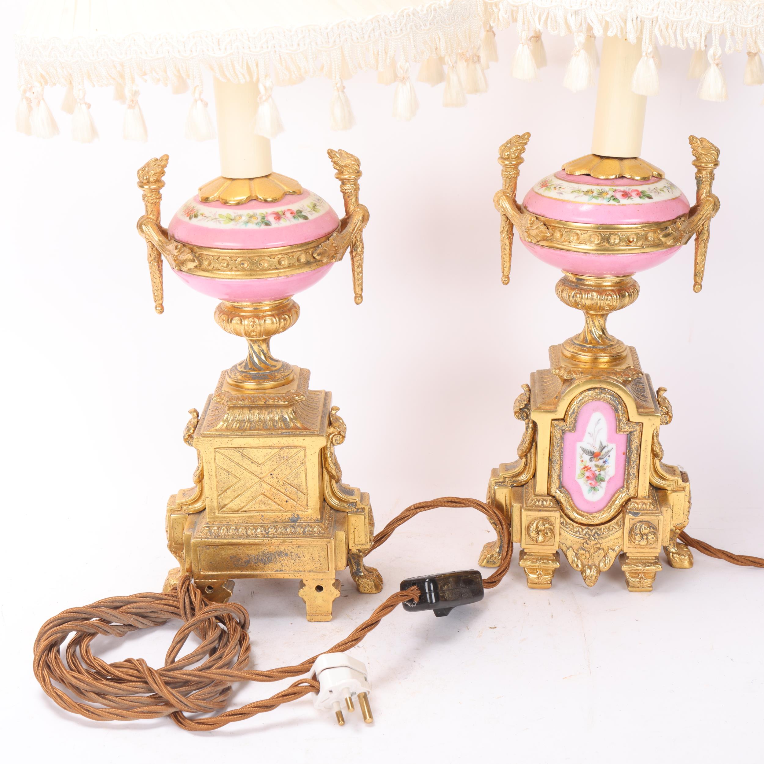 Pair of French ormolu and porcelain table lamps, circa 1900, with hand painted panels depicting - Image 3 of 3