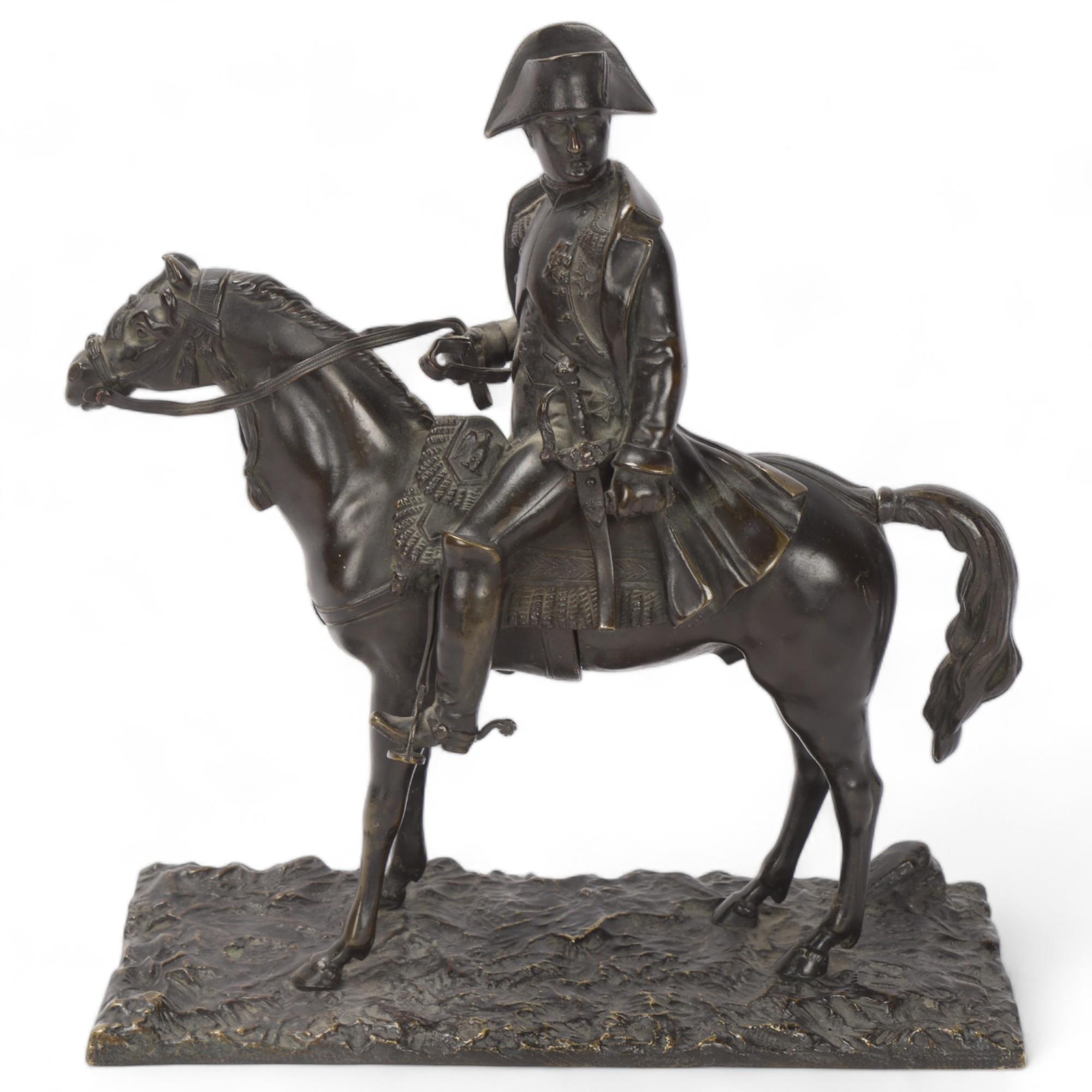 Napoleon Bonaparte on horseback, 19th century bronze sculpture, unsigned, height 24cm, base length