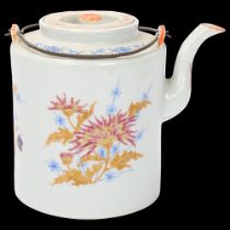 A Chinese white glaze porcelain cylindrical teapot, with painted and gilded enamel flowers, 6