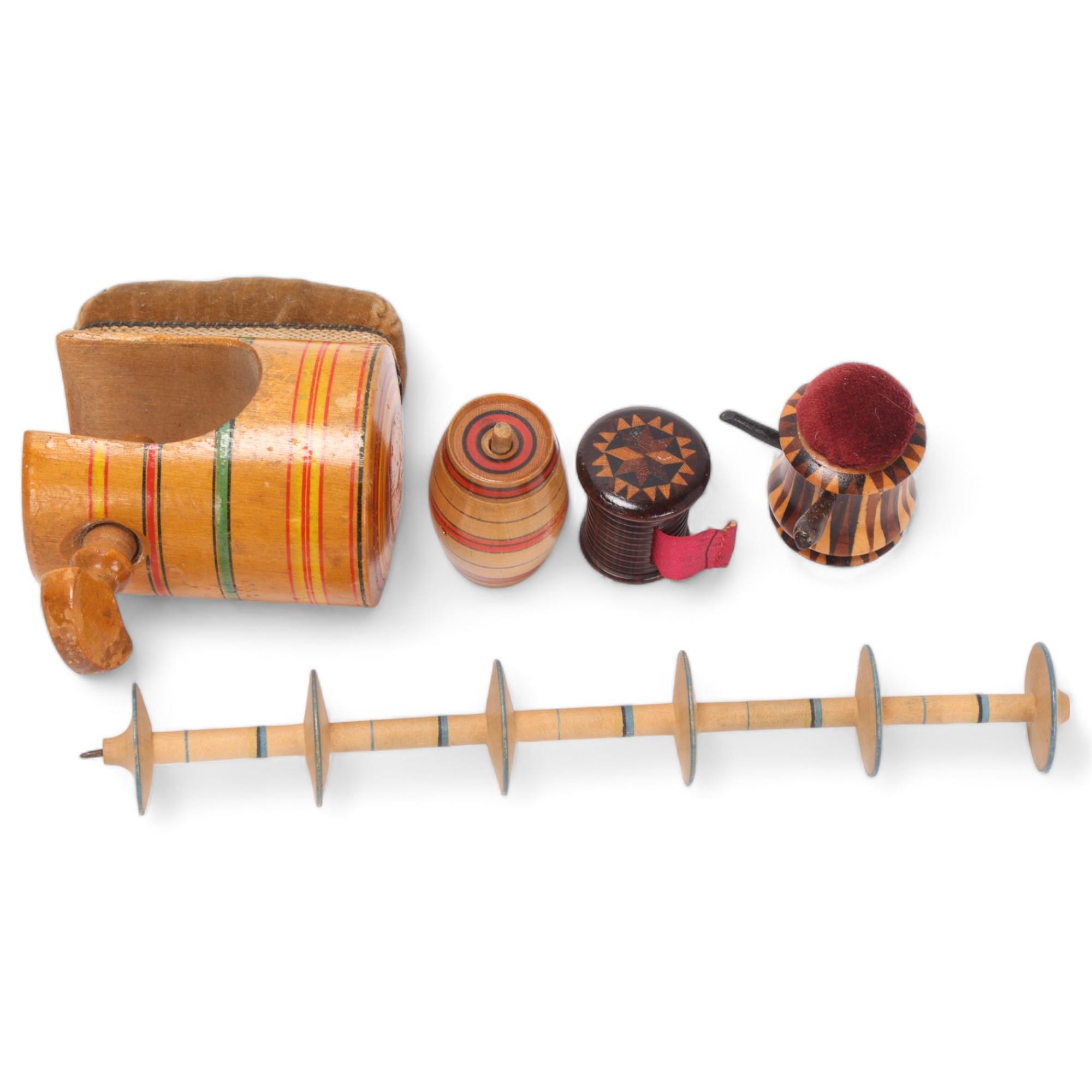 A group of 5 x 19th century Tunbridge Ware and Whitewood items, comprising a Stick Ware pin