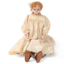 Victorian wax doll with wax limbs and original clothes, length 39cm